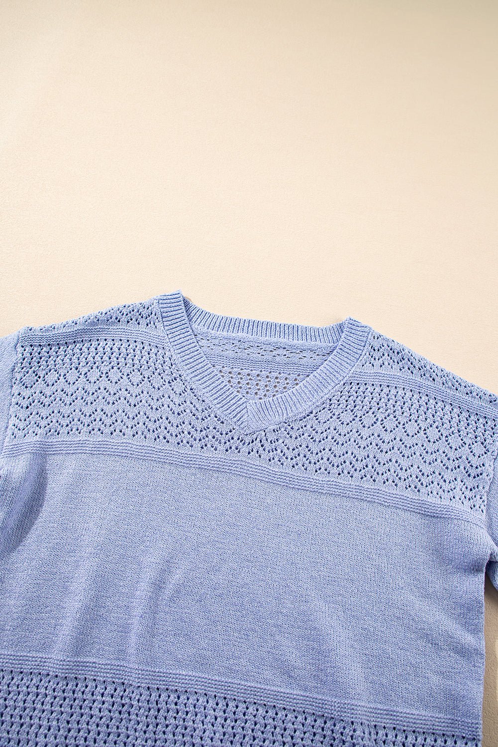 Sky Blue Hollow Long Sleeve V Neck sweater - MAD RUFFI