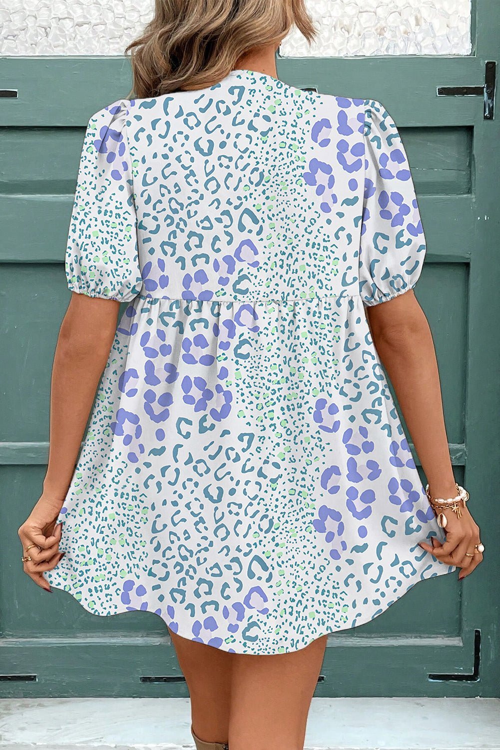 Sky Blue Leopard Bow Front Puff Sleeve Mini Dress - MAD RUFFI