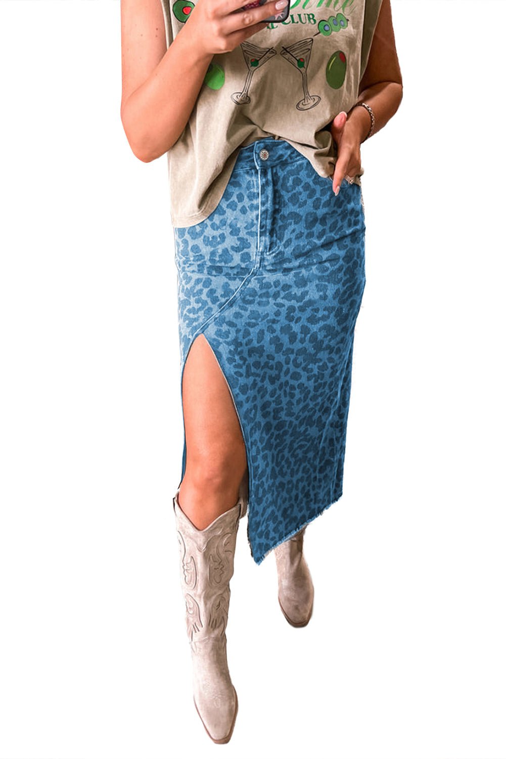 Sky Blue Leopard Frayed Split Denim Midi Skirt - MAD RUFFI