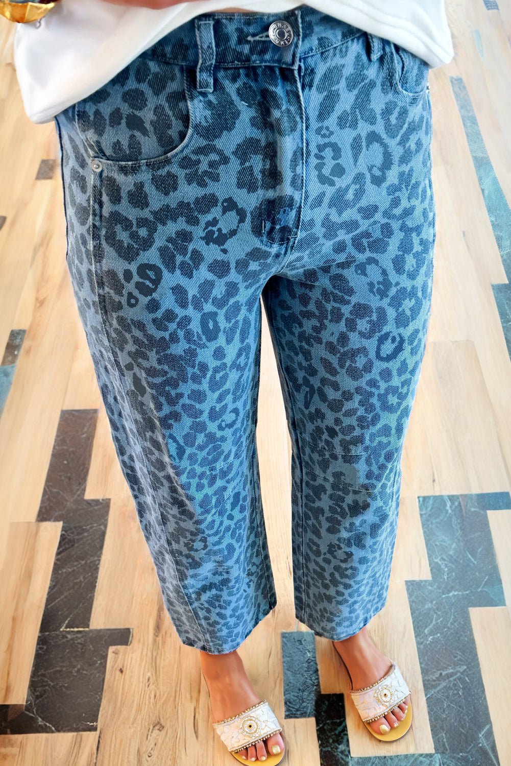 Sky Blue Leopard Print Straight Loose Jeans - MAD RUFFI
