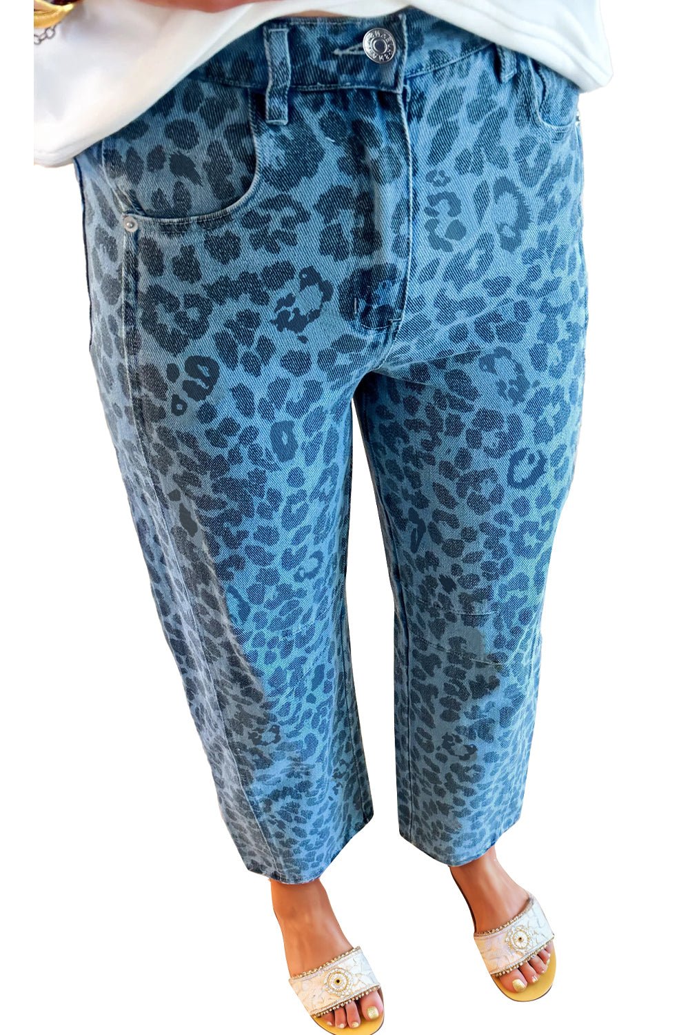 Sky Blue Leopard Print Straight Loose Jeans - MAD RUFFI
