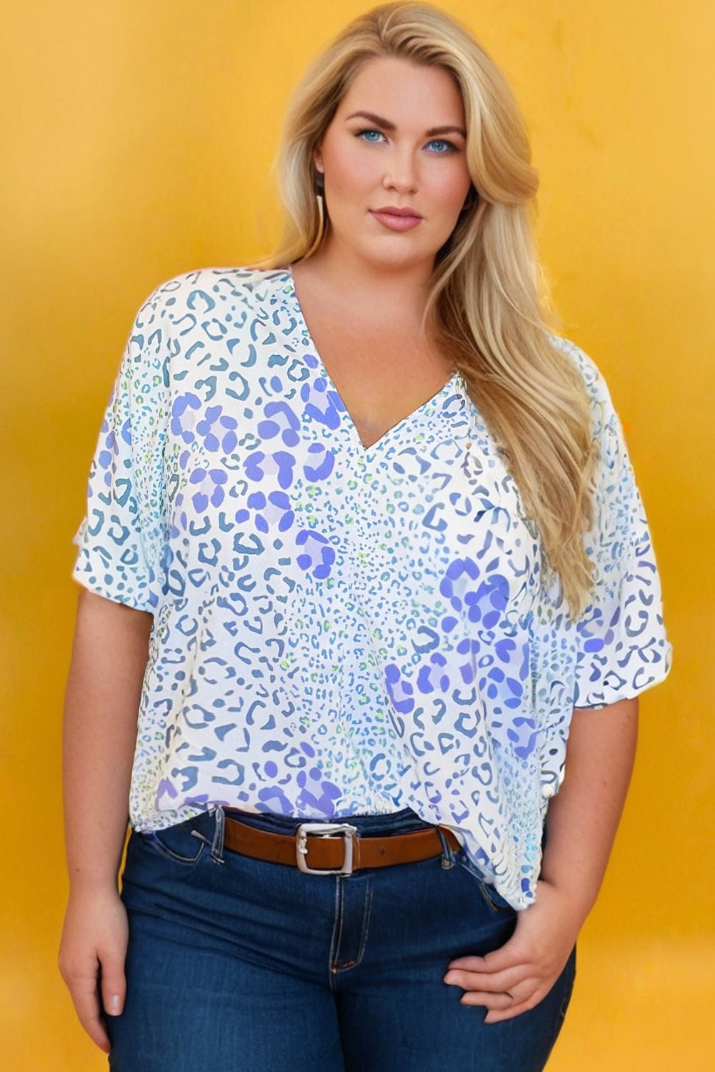 Sky Blue Leopard Print V Neck Short Sleeve Plus Size Top - MAD RUFFI