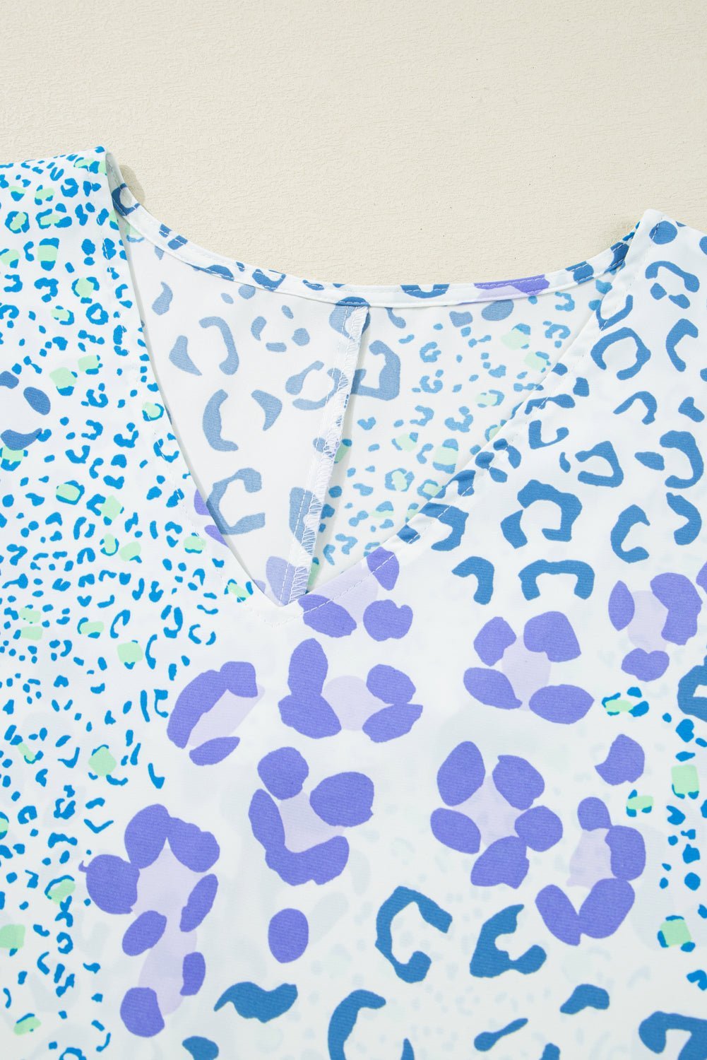 Sky Blue Leopard Print V Neck Short Sleeve Plus Size Top - MAD RUFFI