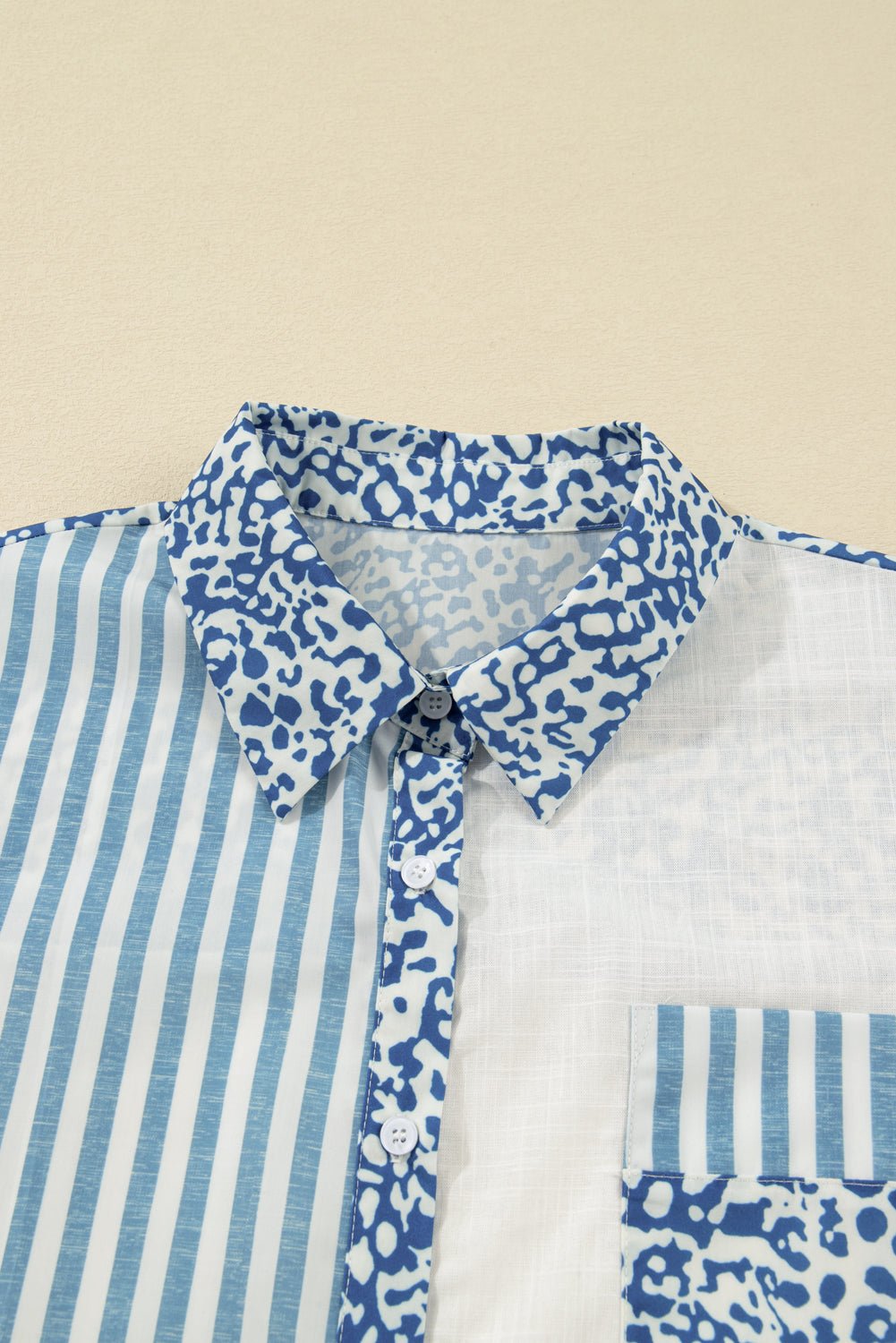 Sky Blue Leopard Striped Patchwork Casual Plus Shirt - MAD RUFFI