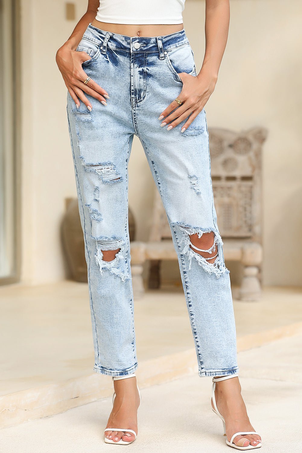 Sky Blue Light Wash Frayed Slim Fit High Waist Jeans - MAD RUFFI
