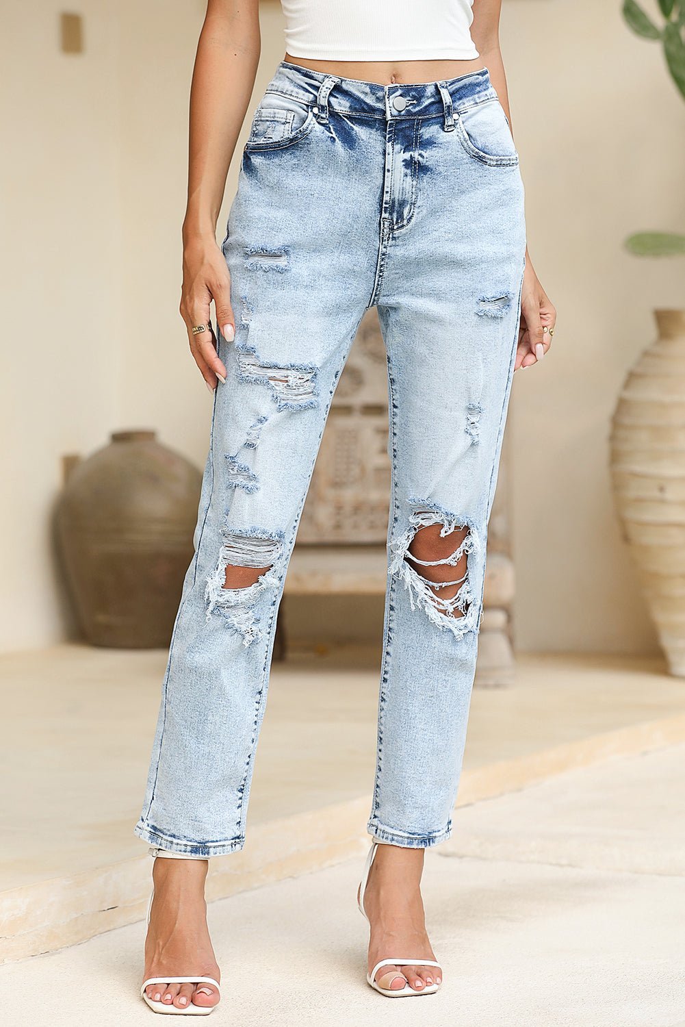 Sky Blue Light Wash Frayed Slim Fit High Waist Jeans - MAD RUFFI