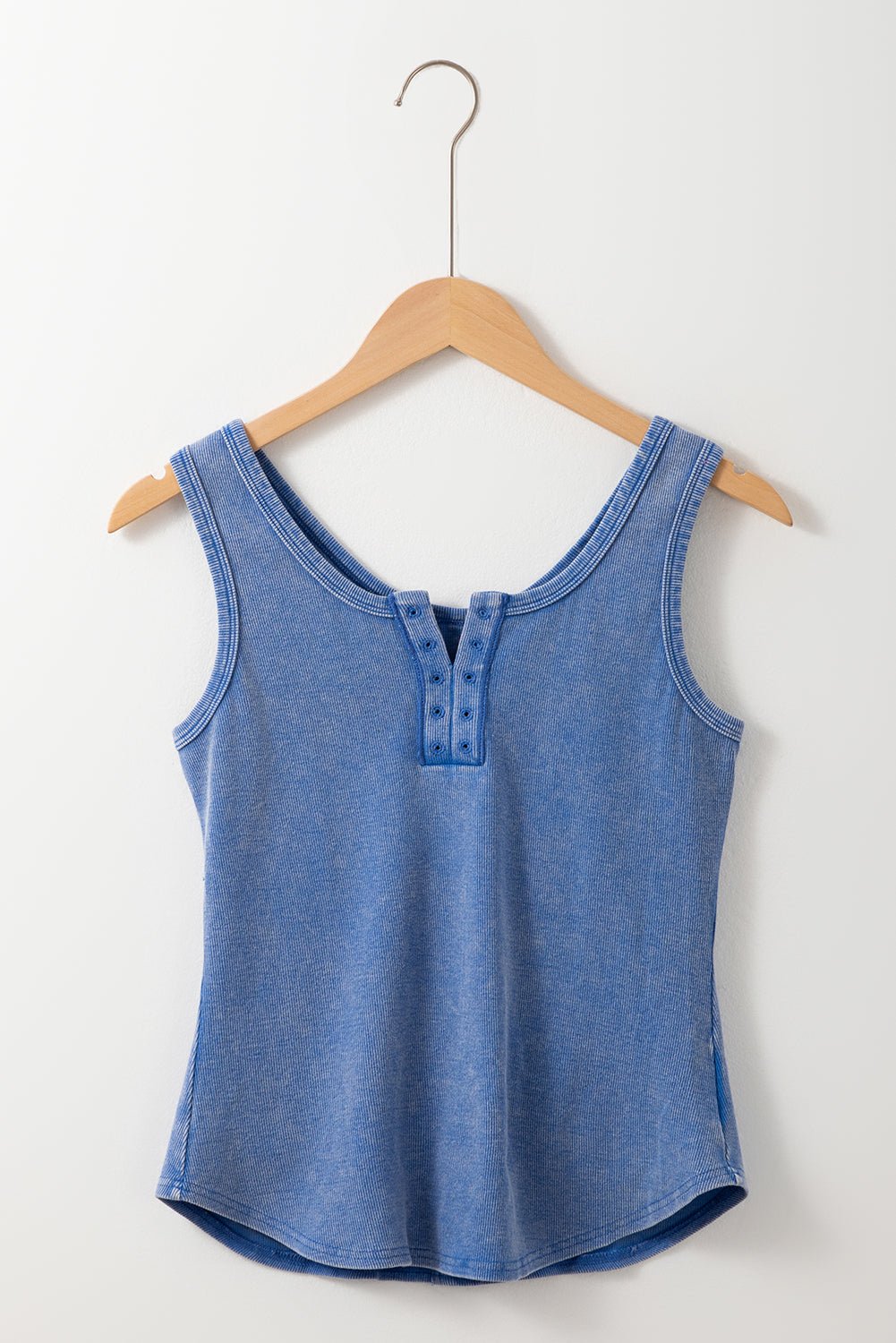 Sky Blue Mineral Wash Ribbed Notch Neck Tank Top - MAD RUFFI