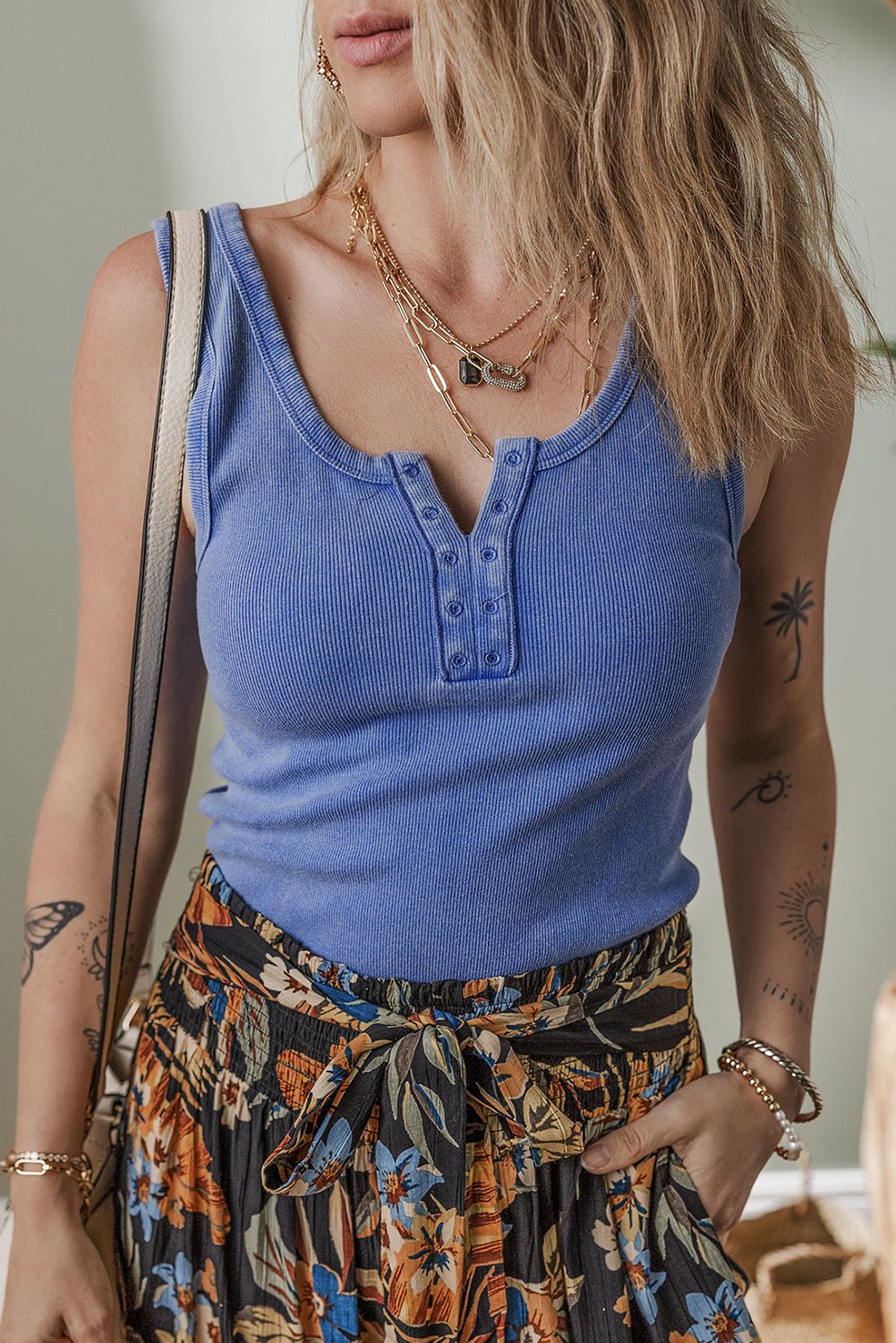 Sky Blue Mineral Wash Ribbed Notch Neck Tank Top - MAD RUFFI