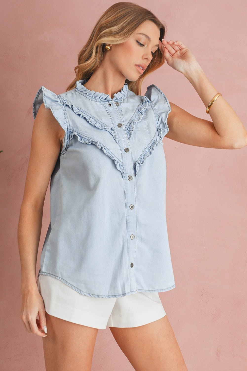 Sky Blue Mineral Wash Sleeveless Frill Button - Up Denim Shirt - MAD RUFFI