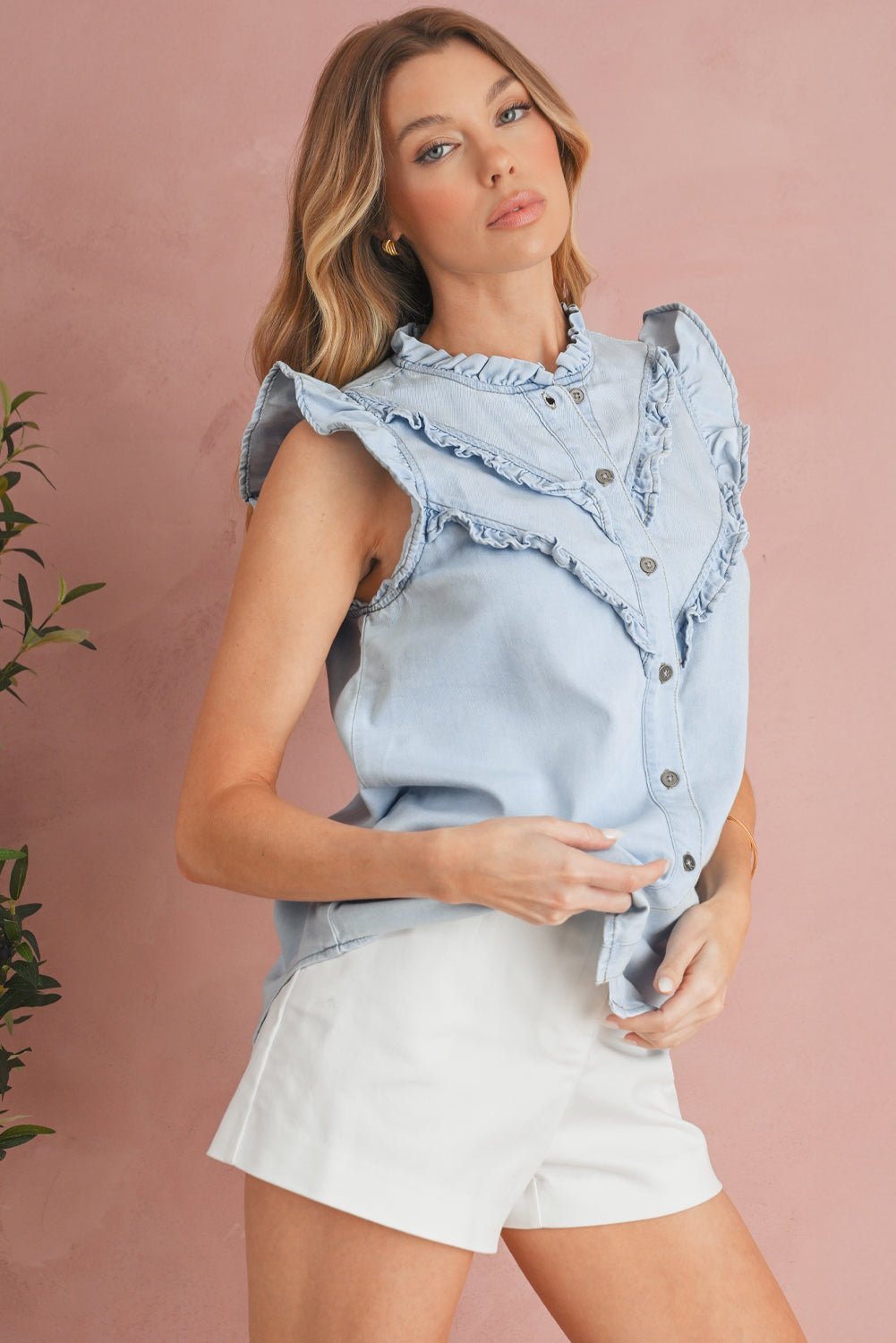 Sky Blue Mineral Wash Sleeveless Frill Button - Up Denim Shirt - MAD RUFFI