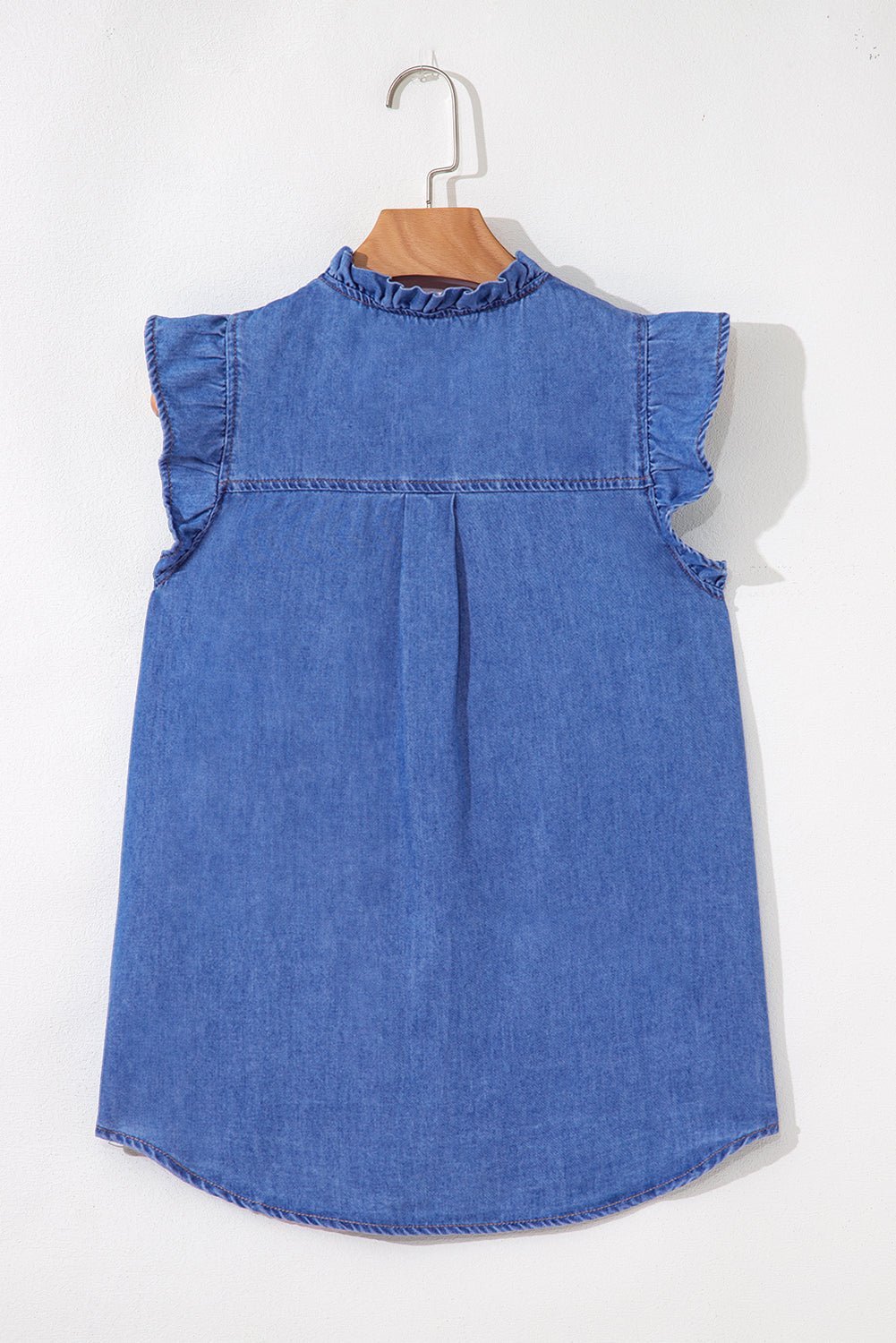 Sky Blue Mineral Wash Sleeveless Frill Button - Up Denim Shirt - MAD RUFFI