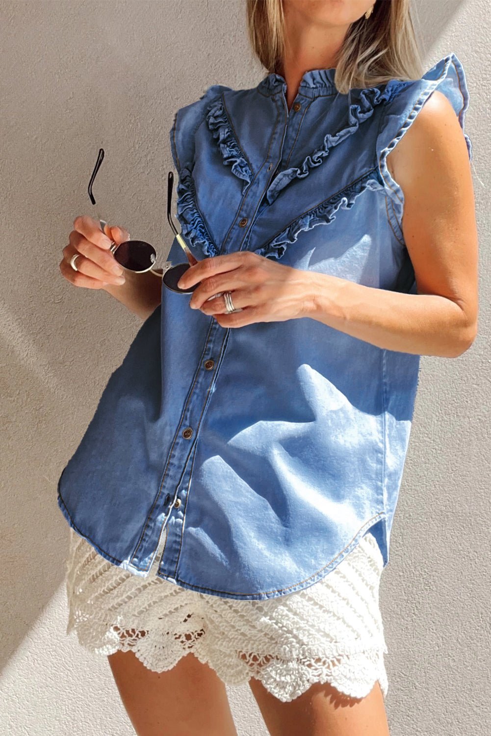 Sky Blue Mineral Wash Sleeveless Frill Button - Up Denim Shirt - MAD RUFFI