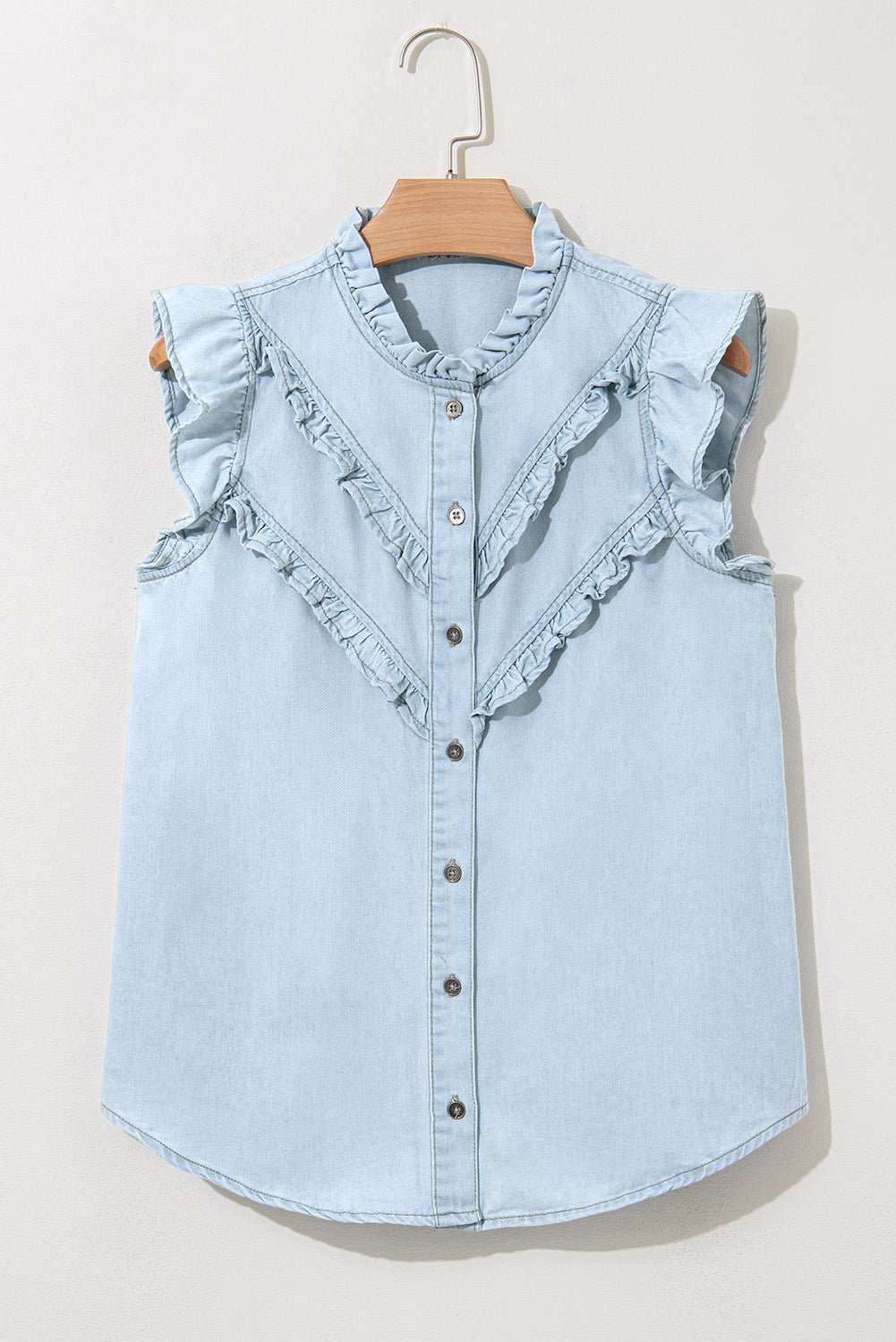 Sky Blue Mineral Wash Sleeveless Frill Button - Up Denim Shirt - MAD RUFFI