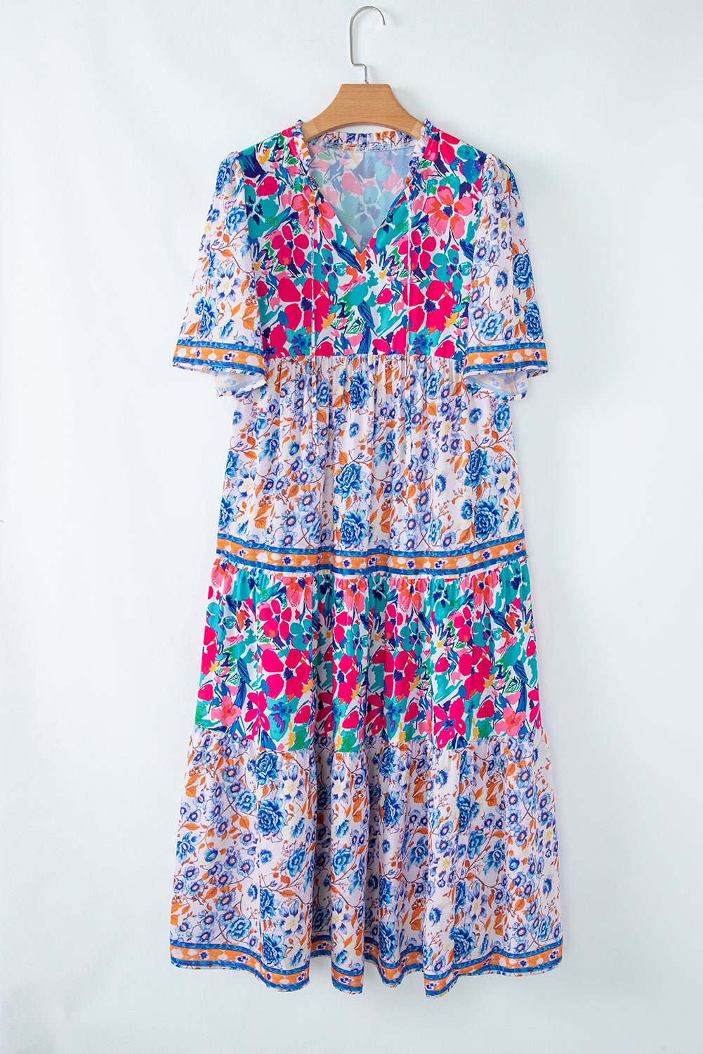Sky Blue Mixed Floral Print Tie Split Neck Short Sleeve Dress - MAD RUFFI