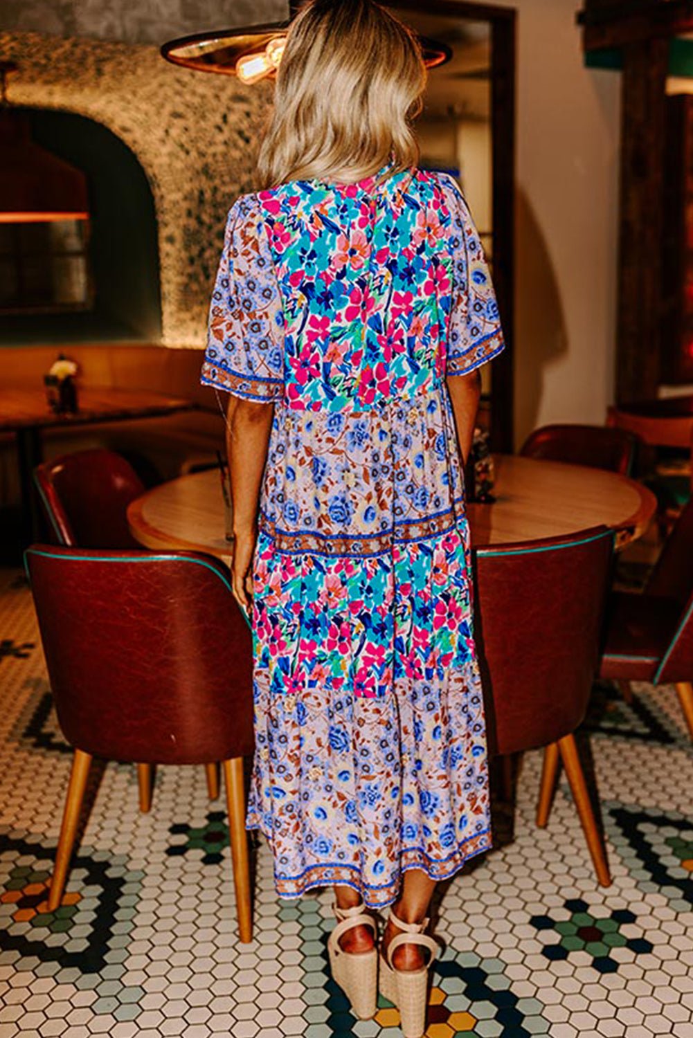 Sky Blue Mixed Floral Print Tie Split Neck Short Sleeve Dress - MAD RUFFI