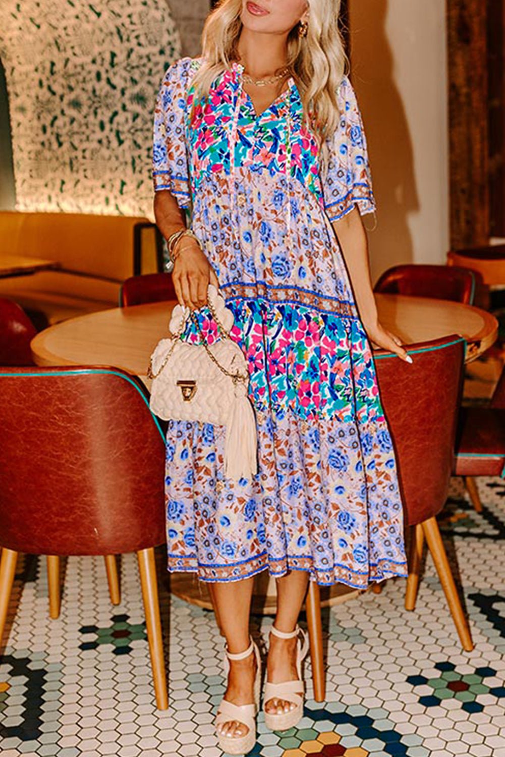 Sky Blue Mixed Floral Print Tie Split Neck Short Sleeve Dress - MAD RUFFI