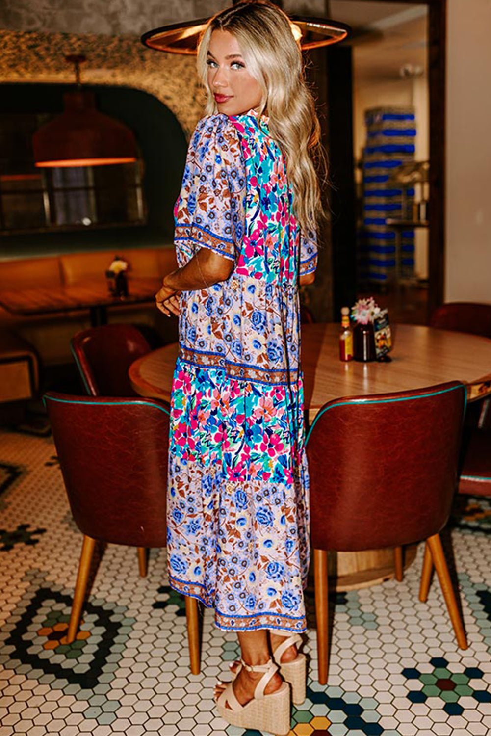 Sky Blue Mixed Floral Print Tie Split Neck Short Sleeve Dress - MAD RUFFI