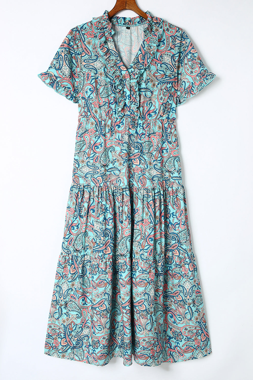 Sky Blue Paisley Print Split V Neck Tiered Boho Maxi Dress - MAD RUFFI