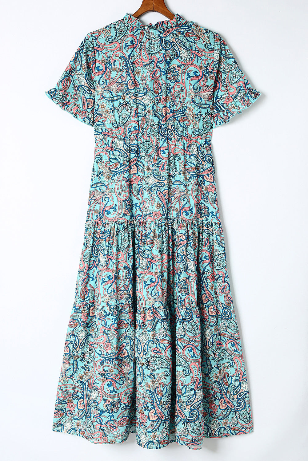 Sky Blue Paisley Print Split V Neck Tiered Boho Maxi Dress - MAD RUFFI