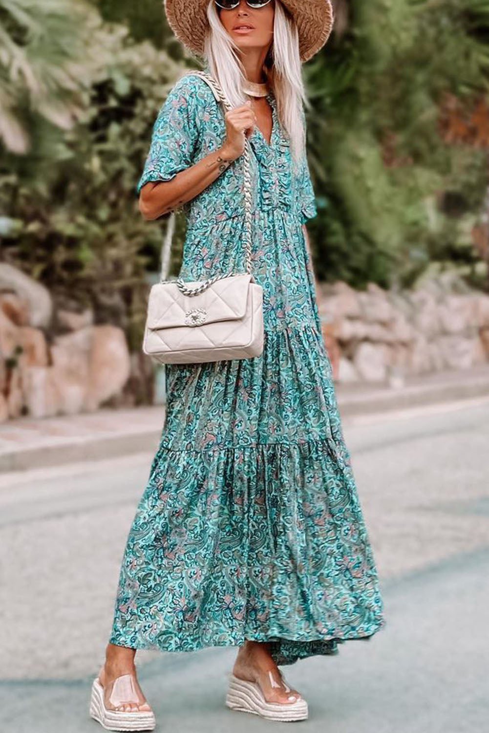 Sky Blue Paisley Print Split V Neck Tiered Boho Maxi Dress - MAD RUFFI