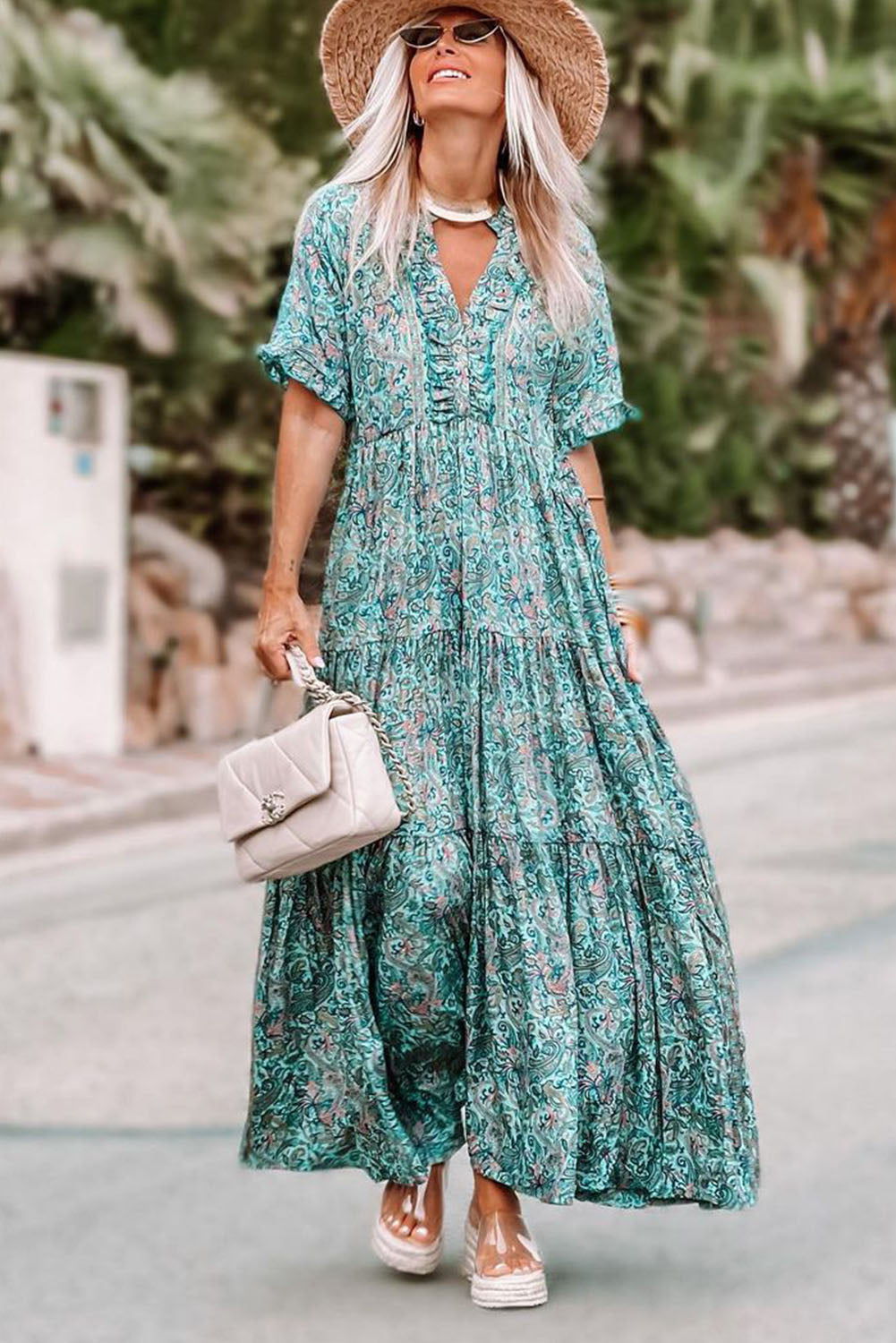 Sky Blue Paisley Print Split V Neck Tiered Boho Maxi Dress - MAD RUFFI