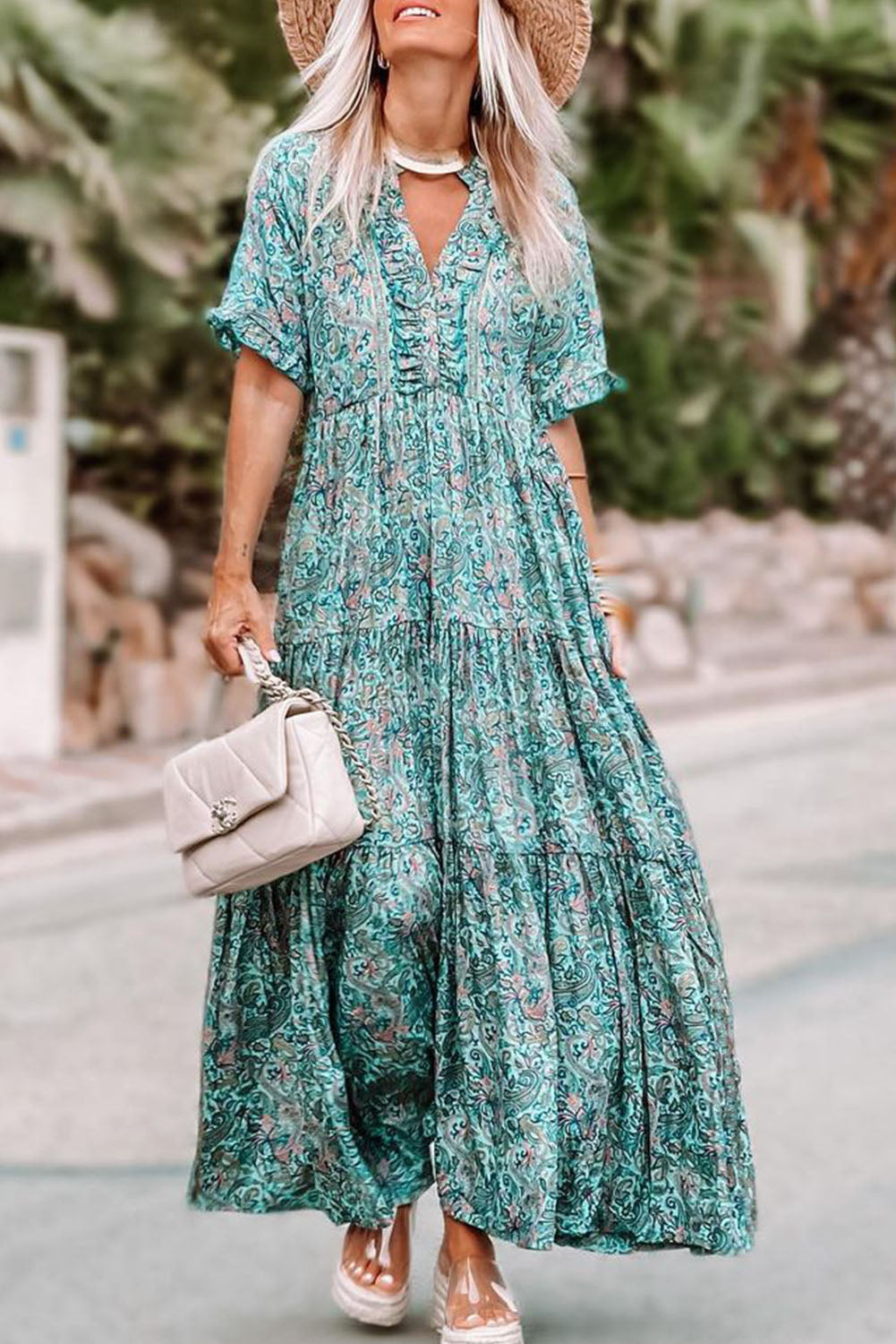 Sky Blue Paisley Print Split V Neck Tiered Boho Maxi Dress - MAD RUFFI