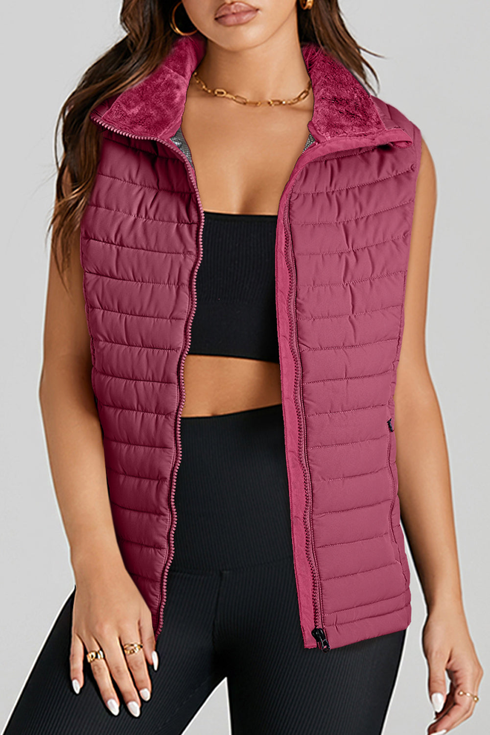 Sky Blue Plush Collared Quilted Zipped Puffer Vest - MAD RUFFI