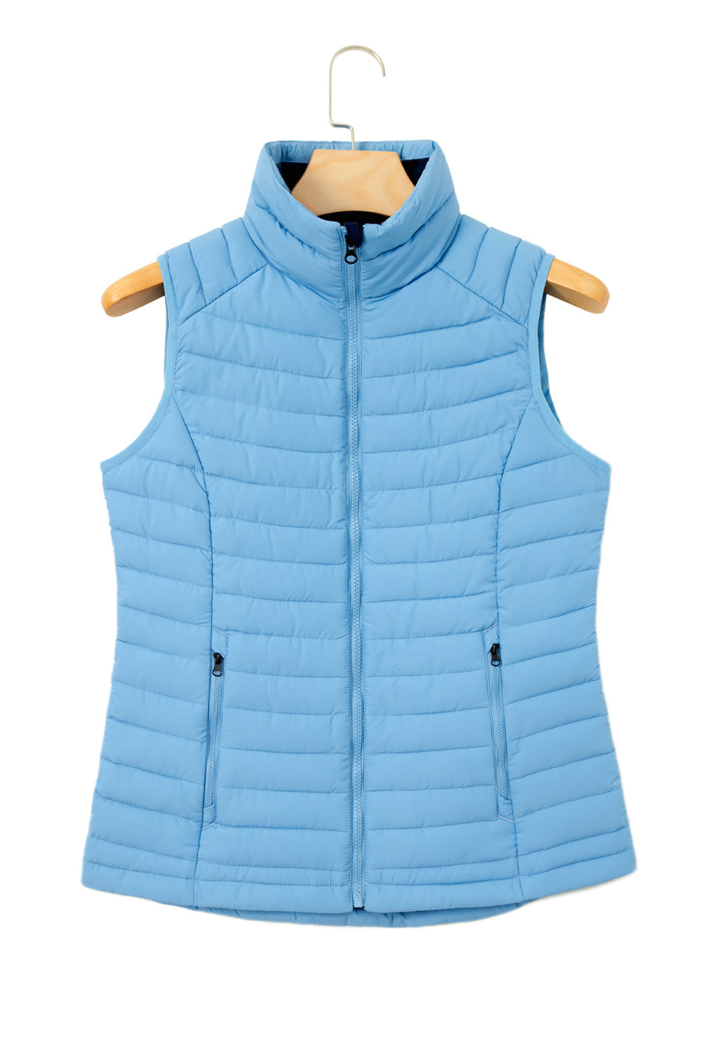 Sky Blue Plush Collared Quilted Zipped Puffer Vest - MAD RUFFI