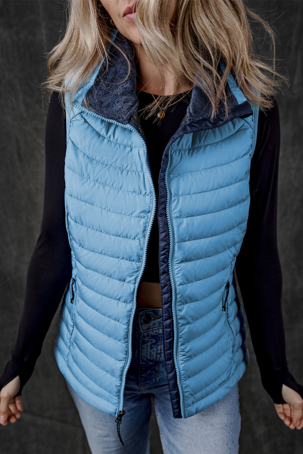 Sky Blue Plush Collared Quilted Zipped Puffer Vest - MAD RUFFI