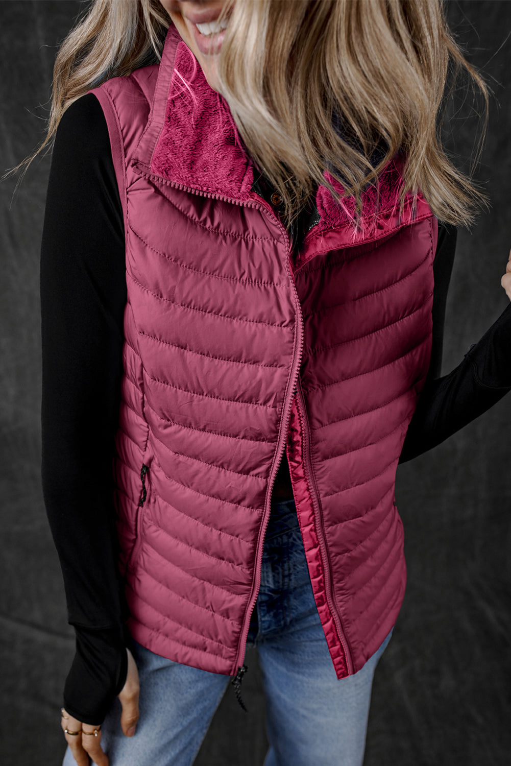 Sky Blue Plush Collared Quilted Zipped Puffer Vest - MAD RUFFI