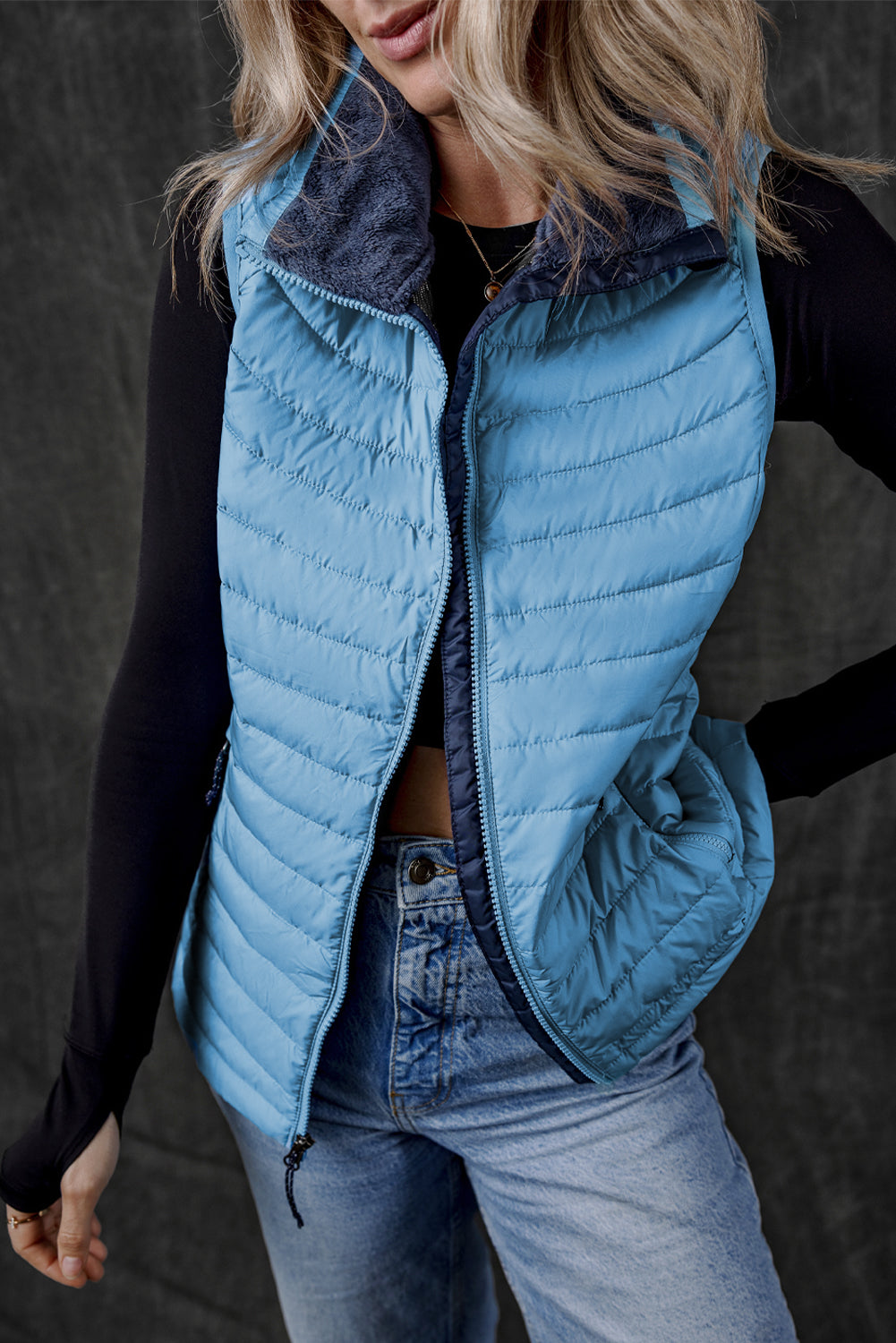 Sky Blue Plush Collared Quilted Zipped Puffer Vest - MAD RUFFI