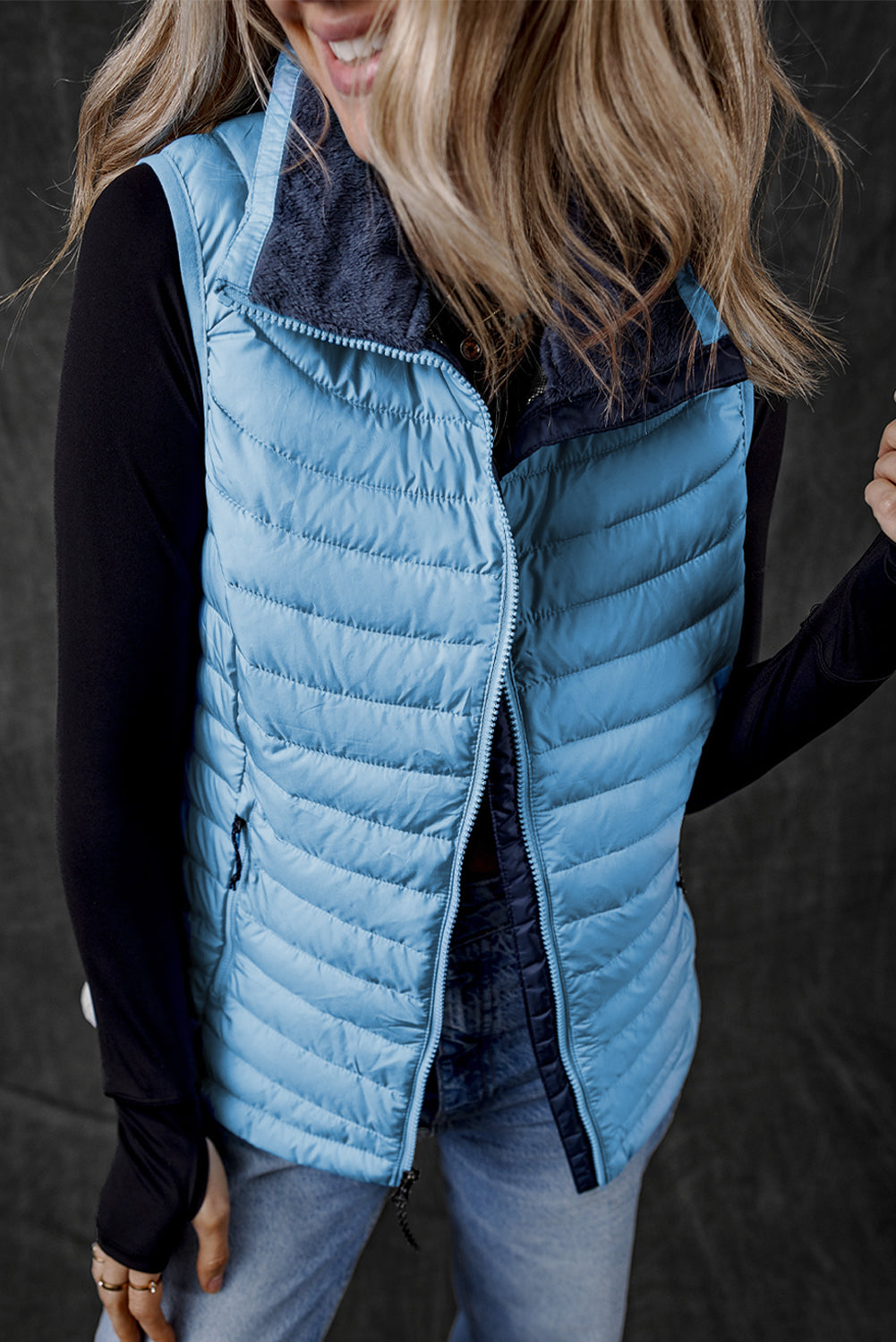 Sky Blue Plush Collared Quilted Zipped Puffer Vest - MAD RUFFI