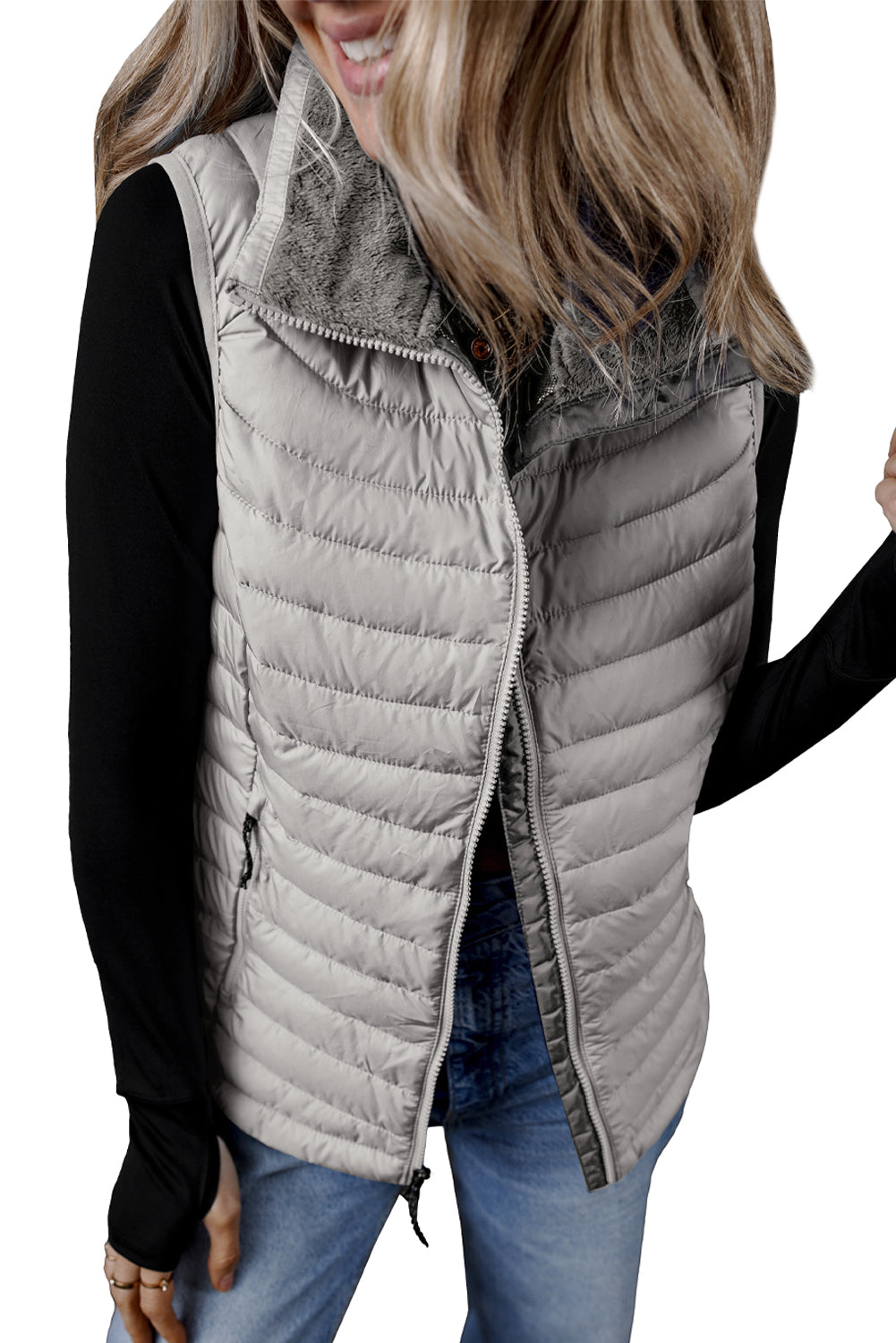 Sky Blue Plush Collared Quilted Zipped Puffer Vest - MAD RUFFI