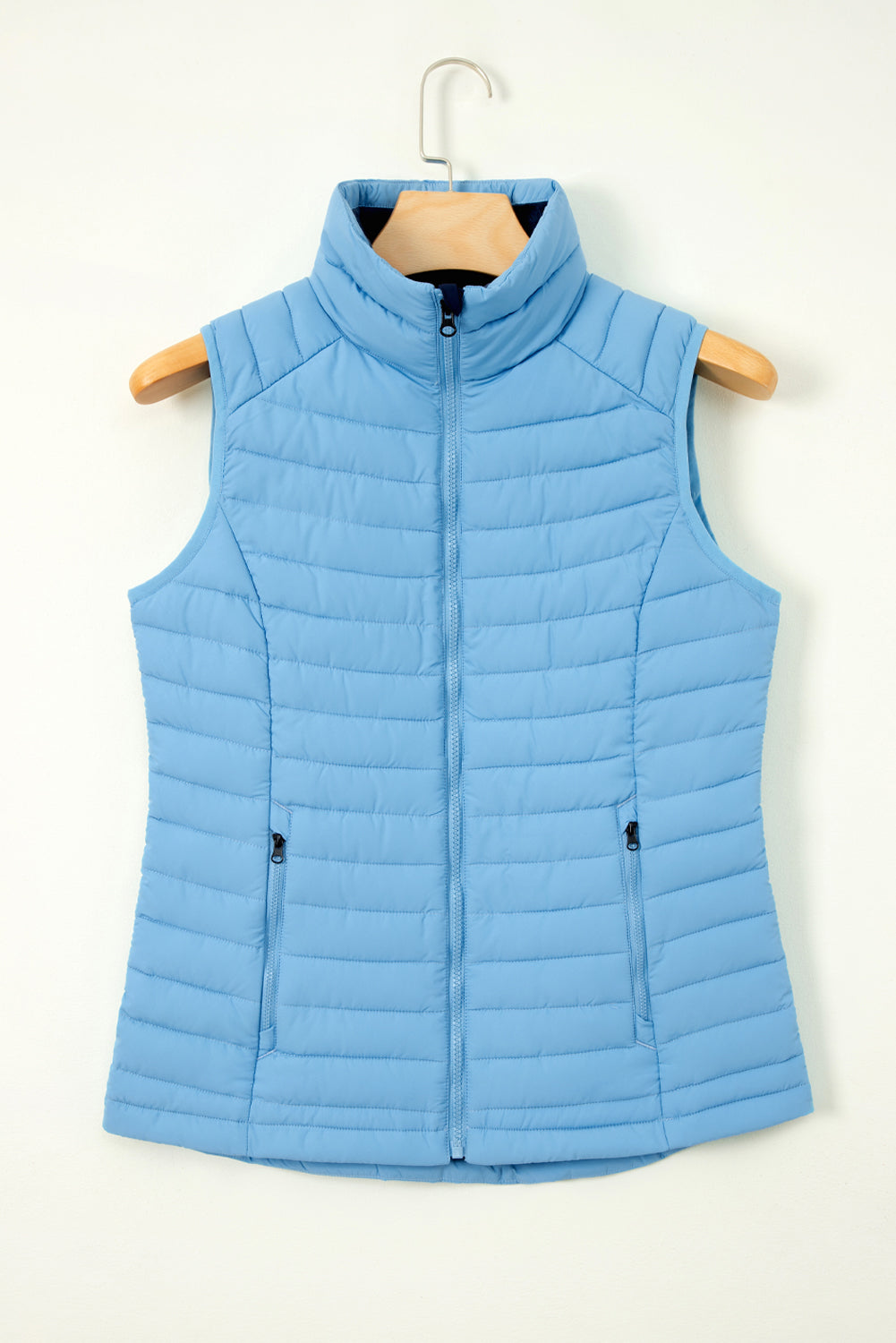 Sky Blue Plush Collared Quilted Zipped Puffer Vest - MAD RUFFI