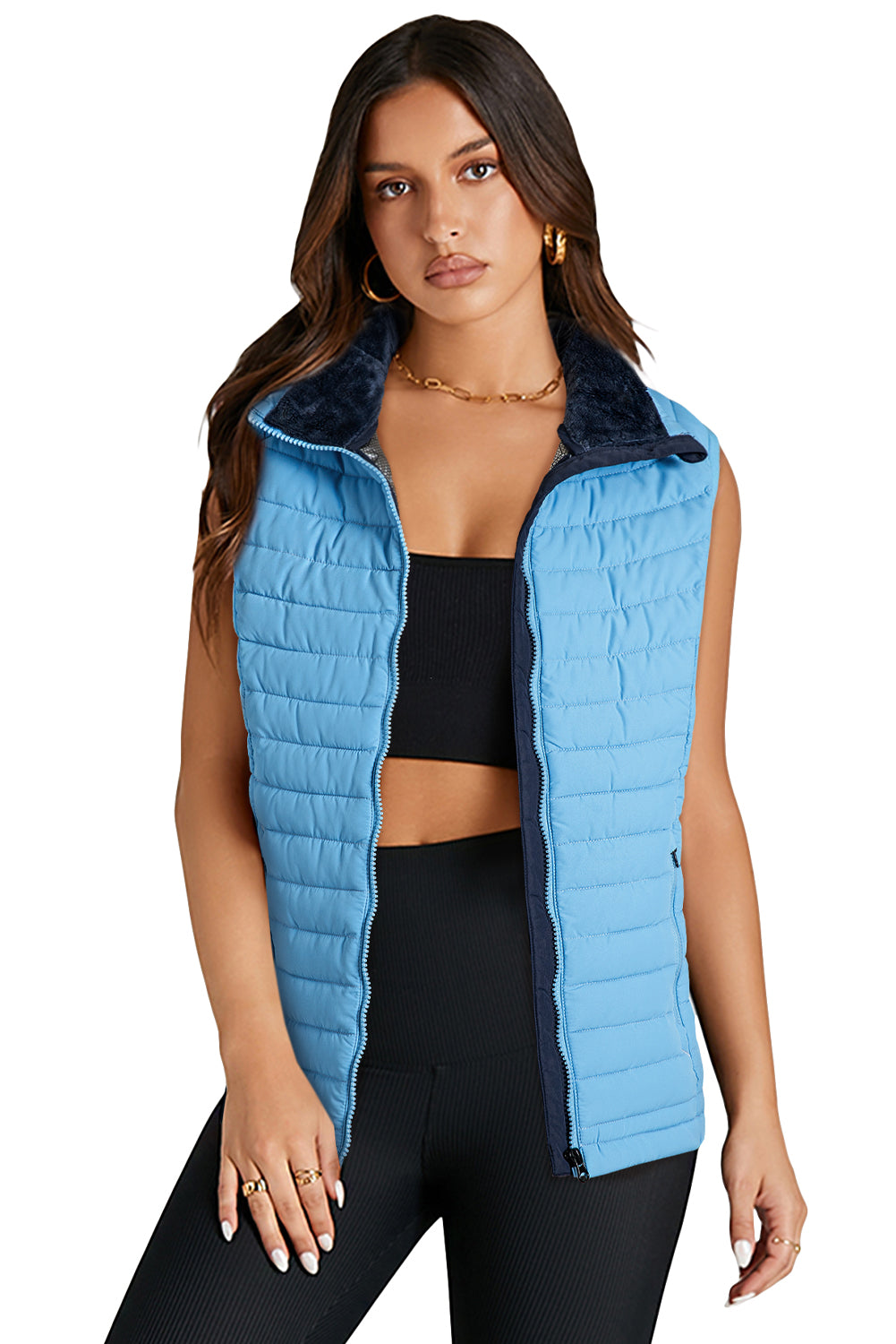 Sky Blue Plush Collared Quilted Zipped Puffer Vest - MAD RUFFI