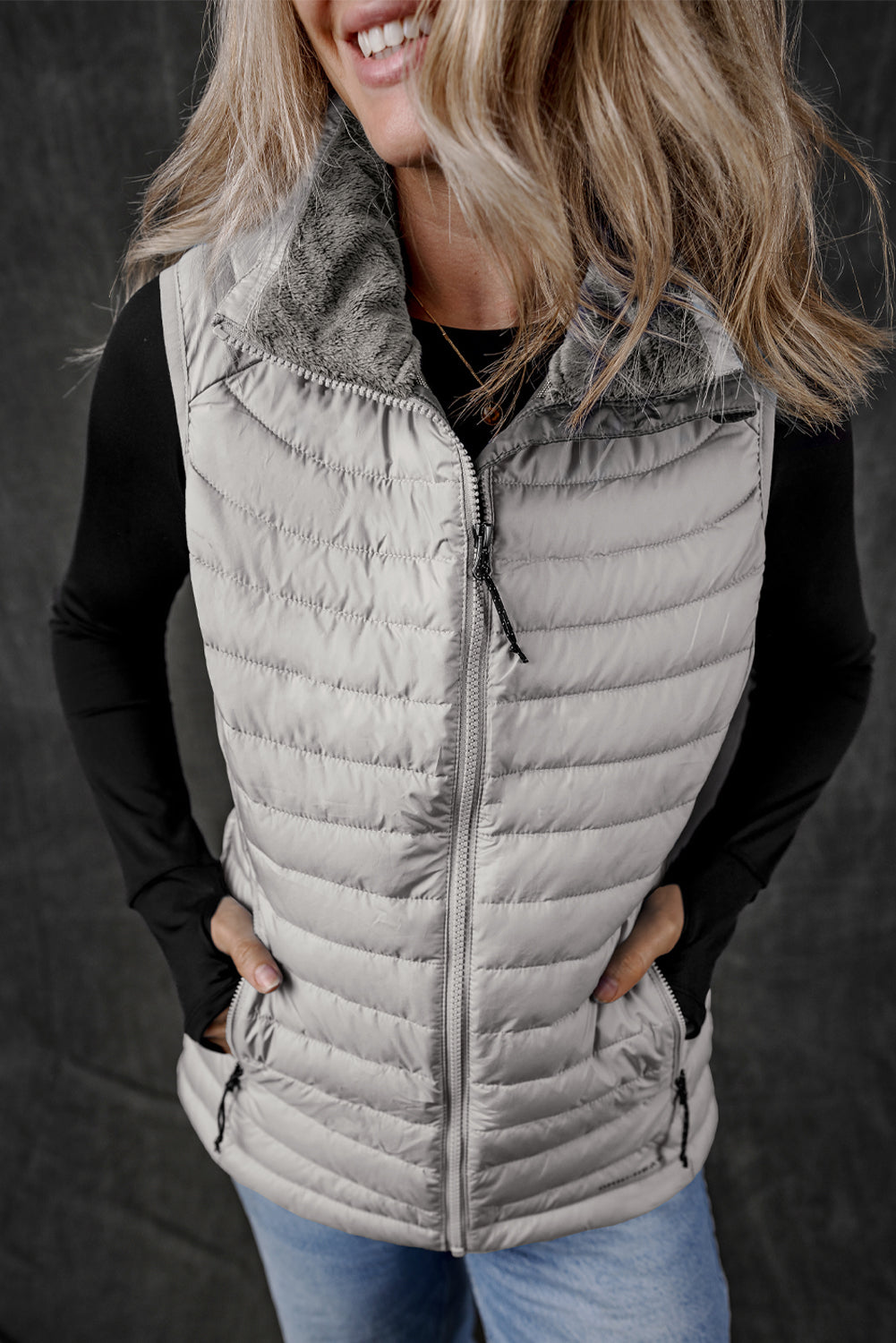 Sky Blue Plush Collared Quilted Zipped Puffer Vest - MAD RUFFI