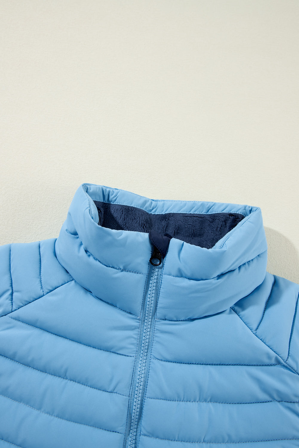 Sky Blue Plush Collared Quilted Zipped Puffer Vest - MAD RUFFI