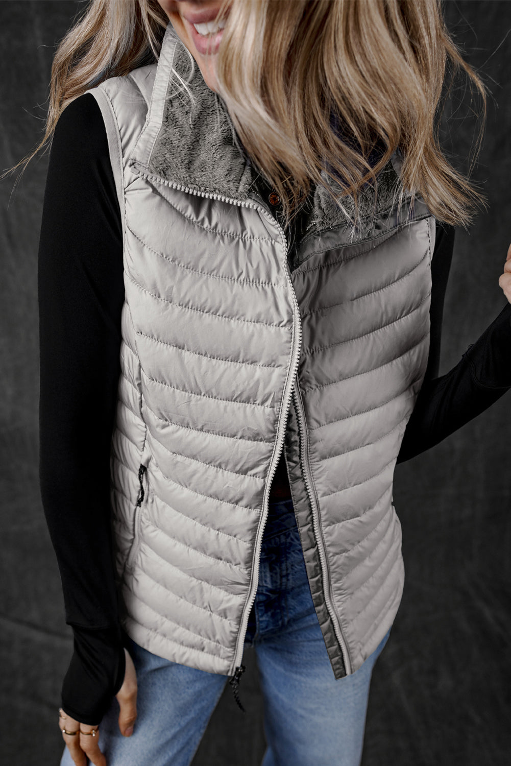 Sky Blue Plush Collared Quilted Zipped Puffer Vest - MAD RUFFI