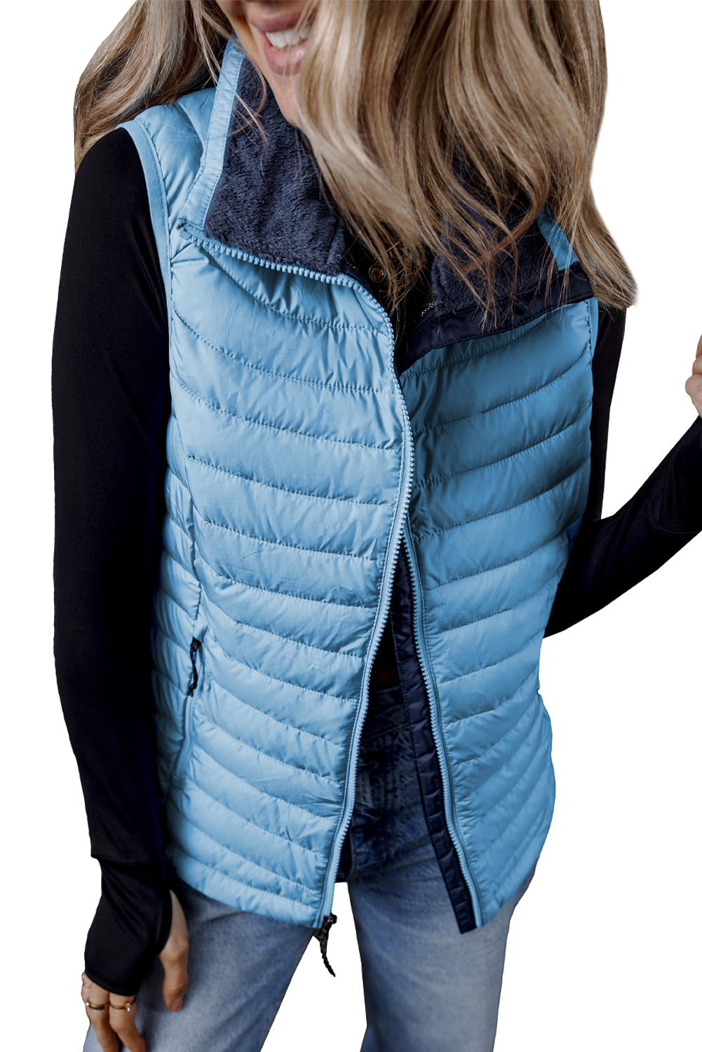 Sky Blue Plush Collared Quilted Zipped Puffer Vest - MAD RUFFI