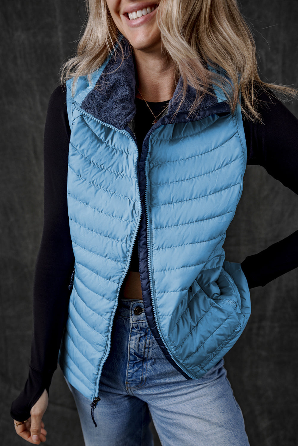 Sky Blue Plush Collared Quilted Zipped Puffer Vest - MAD RUFFI