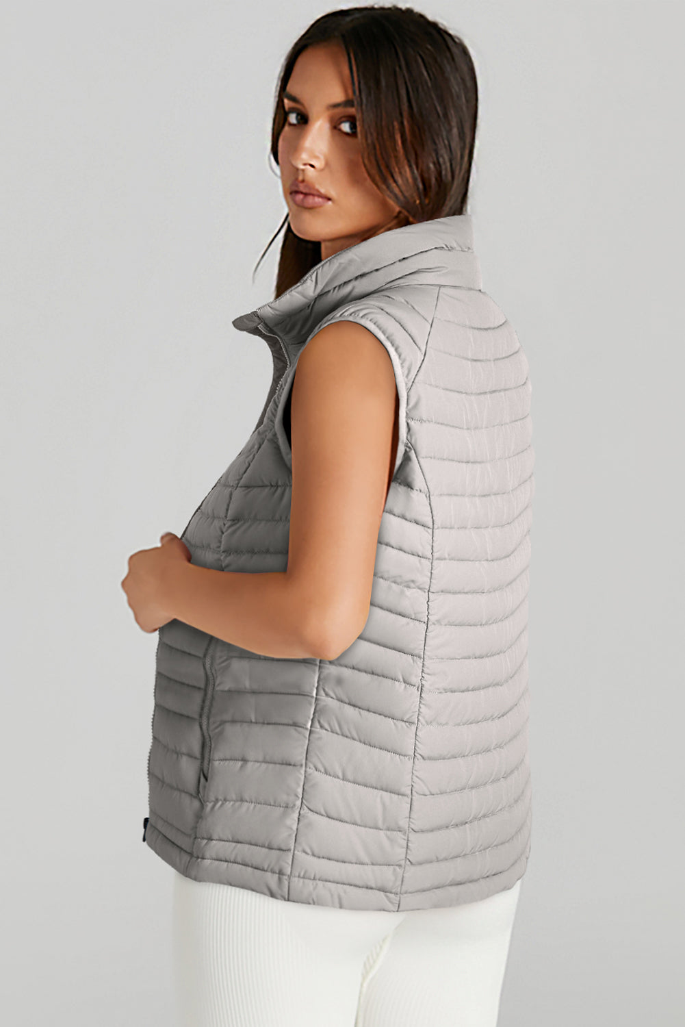 Sky Blue Plush Collared Quilted Zipped Puffer Vest - MAD RUFFI