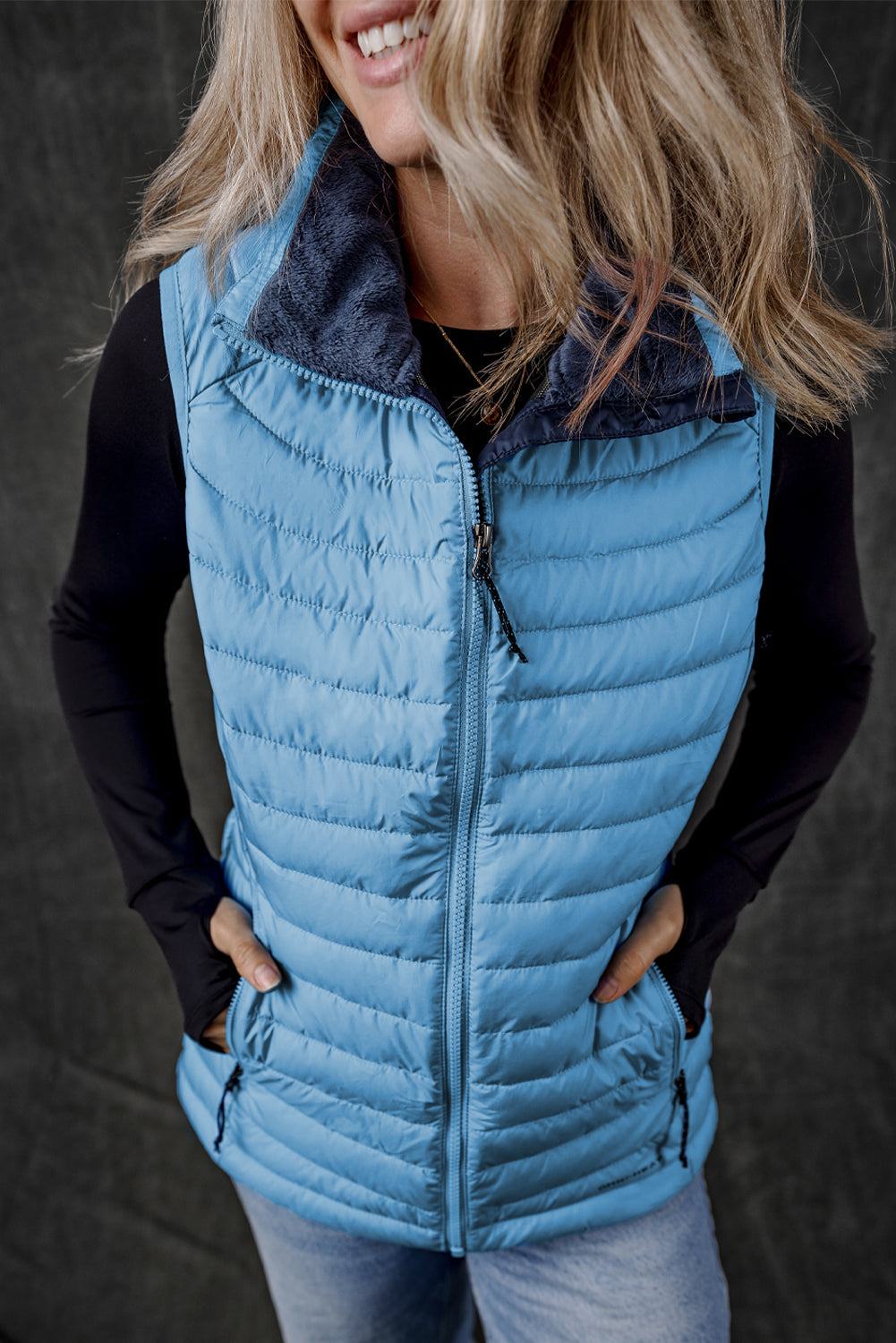 Sky Blue Plush Collared Quilted Zipped Puffer Vest - MAD RUFFI