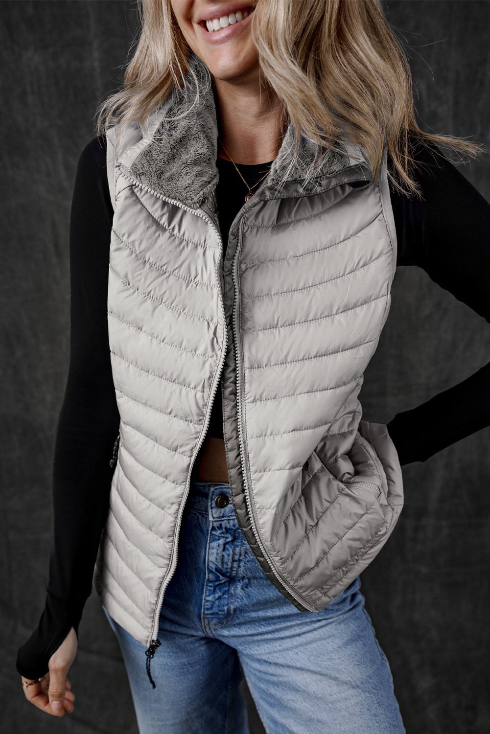 Sky Blue Plush Collared Quilted Zipped Puffer Vest - MAD RUFFI