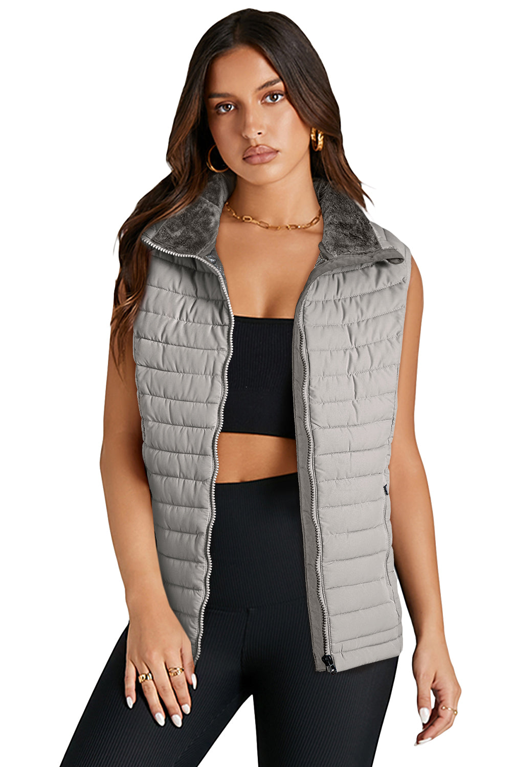 Sky Blue Plush Collared Quilted Zipped Puffer Vest - MAD RUFFI