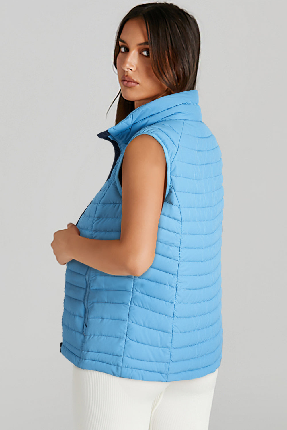 Sky Blue Plush Collared Quilted Zipped Puffer Vest - MAD RUFFI