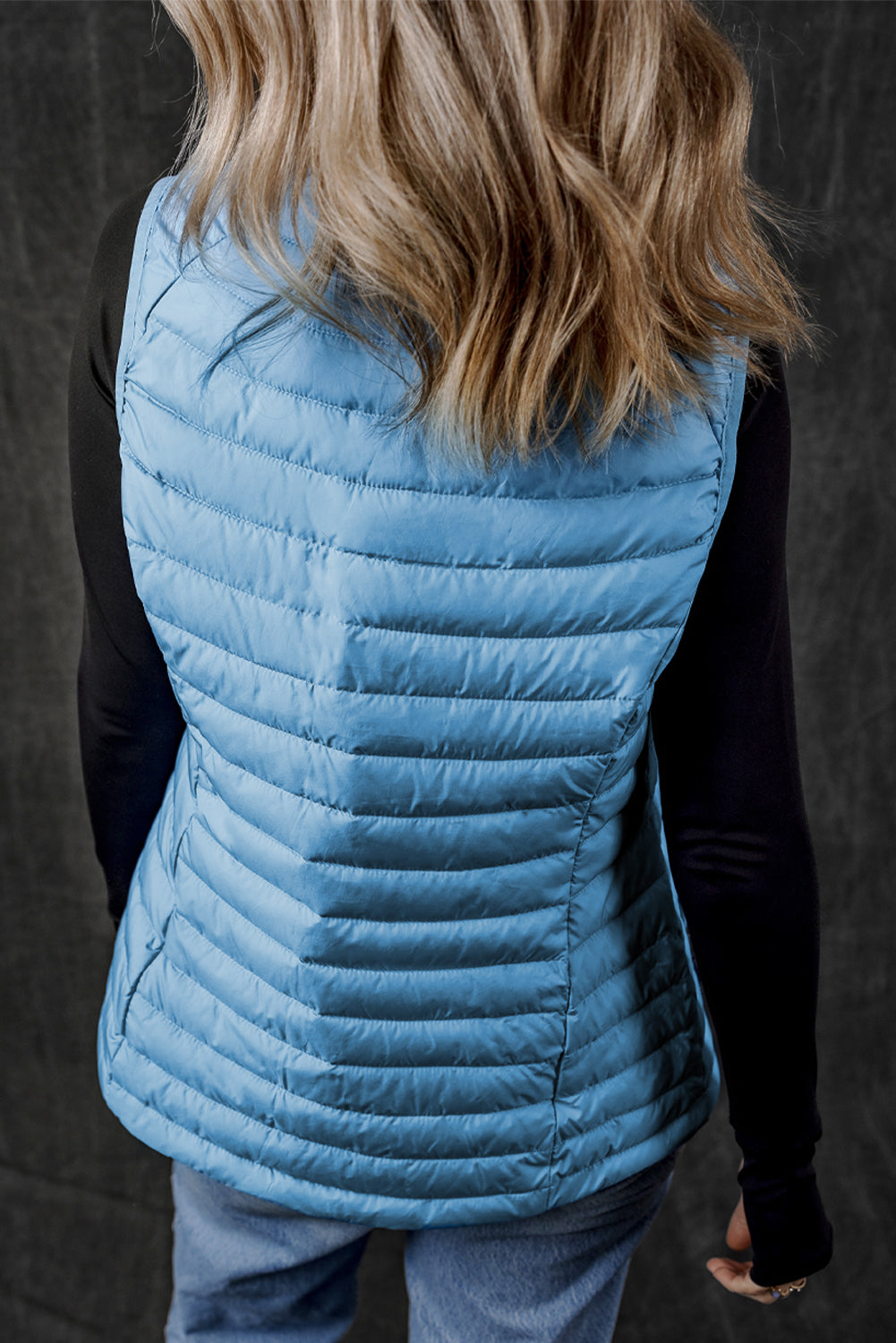 Sky Blue Plush Collared Quilted Zipped Puffer Vest - MAD RUFFI