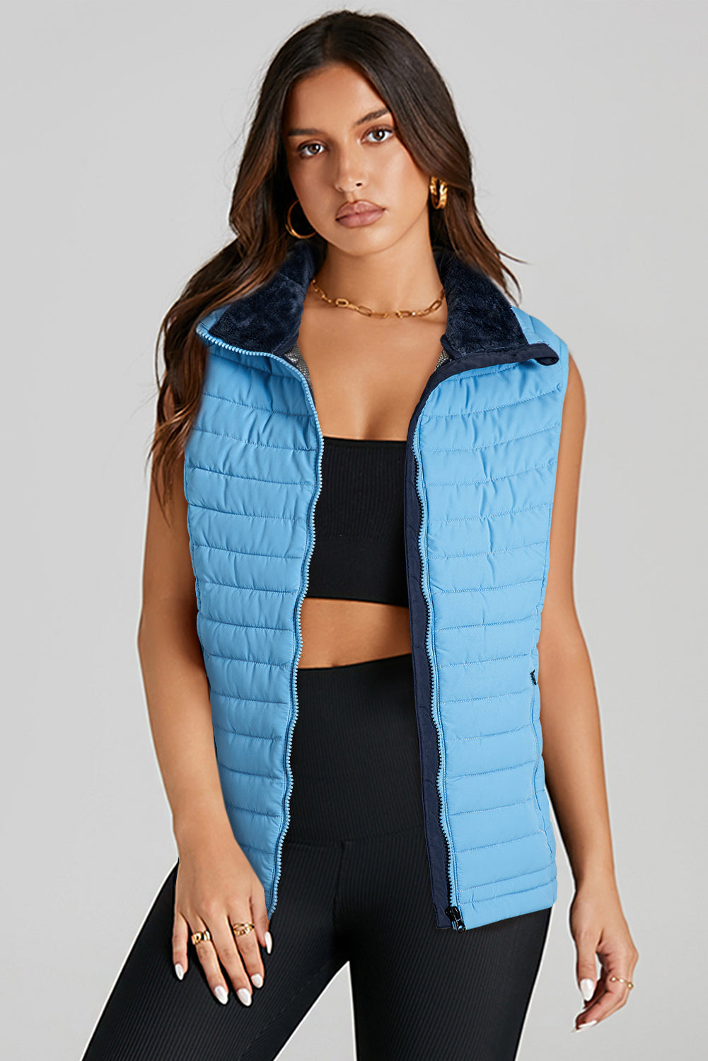 Sky Blue Plush Collared Quilted Zipped Puffer Vest - MAD RUFFI