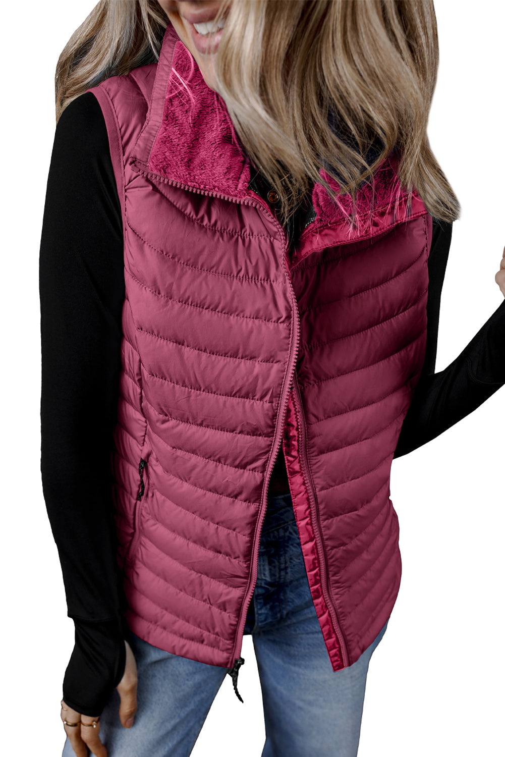 Sky Blue Plush Collared Quilted Zipped Puffer Vest - MAD RUFFI