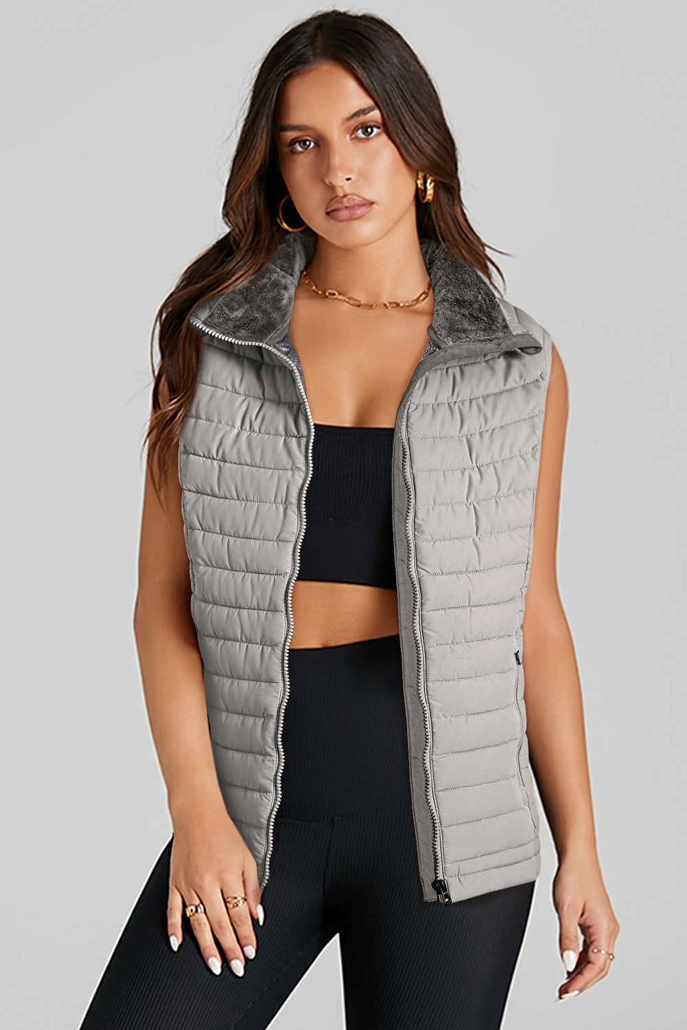 Sky Blue Plush Collared Quilted Zipped Puffer Vest - MAD RUFFI