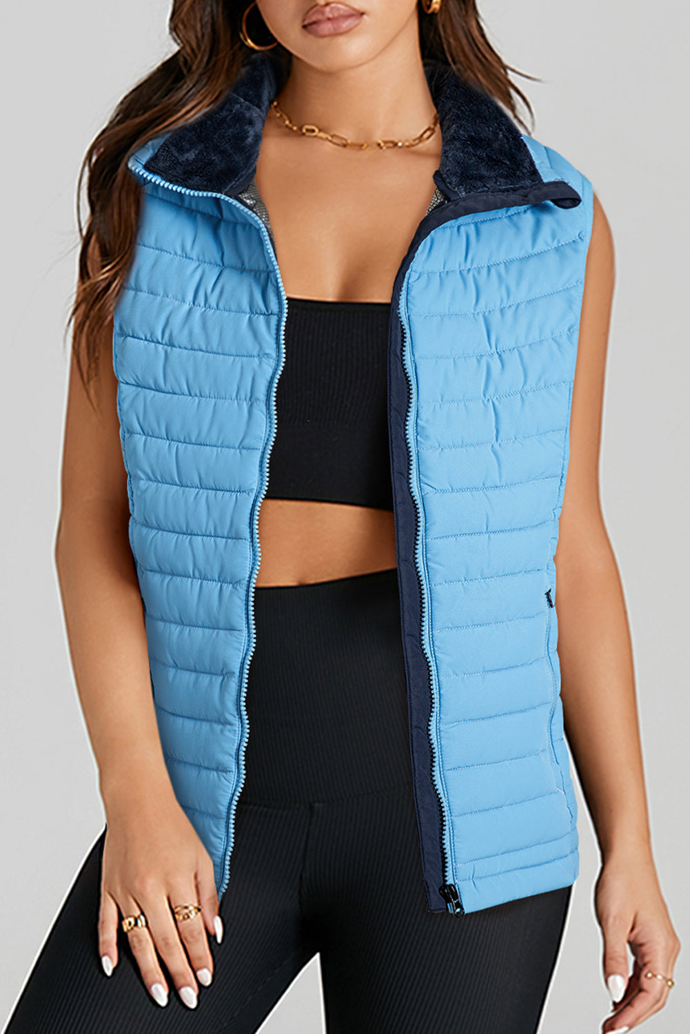 Sky Blue Plush Collared Quilted Zipped Puffer Vest - MAD RUFFI